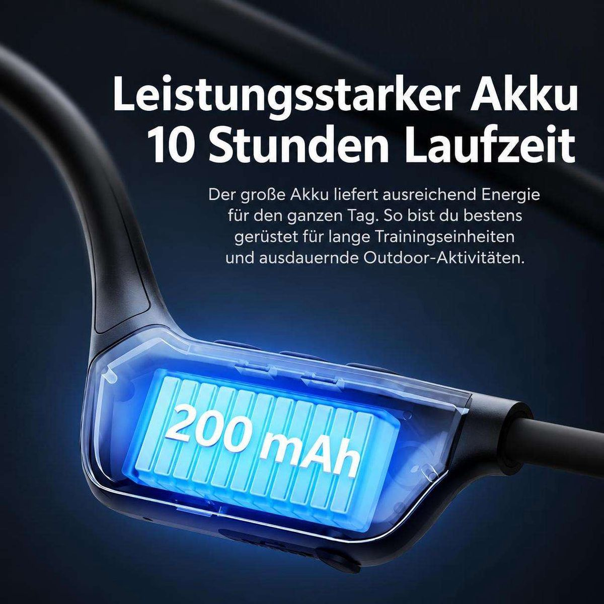 Nahaufnahme eines blauen 200 mAh Akkus in einem drahtlosen Kopfhörer mit deutschem Werbetext.