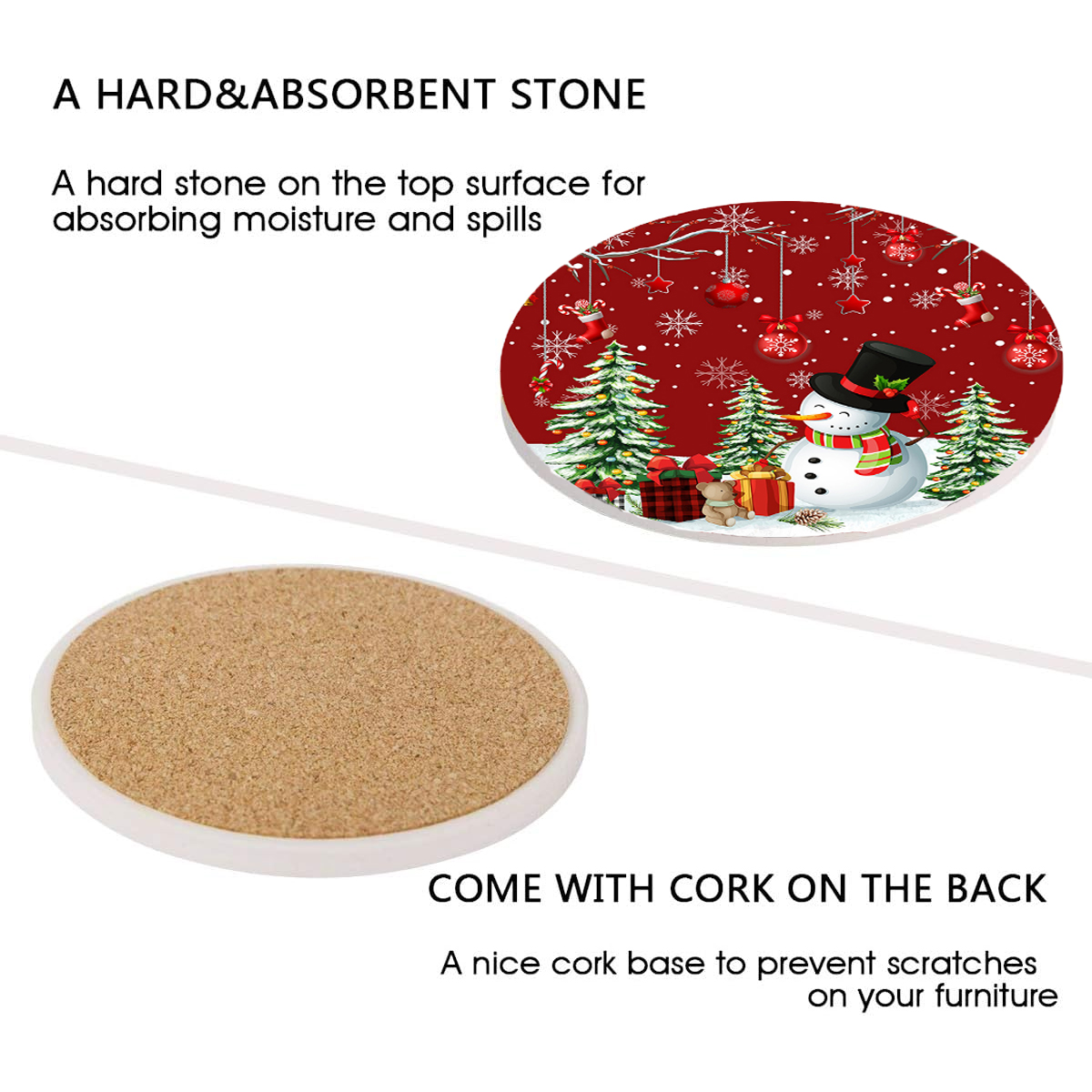 Ein saugfähiger Steinuntersetzer im Weihnachtsmotiv mit Korkunterseite zum Möbelschutz.