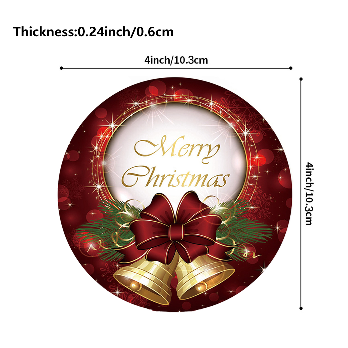 Runde Weihnachtsplakette mit Schleife, Glocken, Tannengrün und goldener Aufschrift Merry Christmas, mit Maßen.