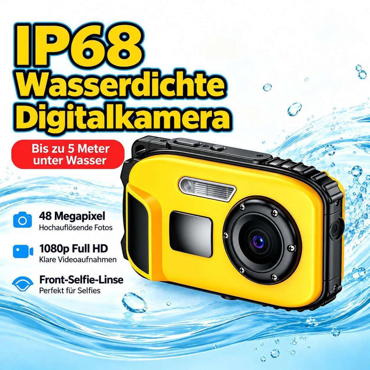 Gelbe IP68 wasserdichte Digitalkamera mit 48 Megapixeln und Full-HD-Video auf blauem Hintergrund mit Wasserblasen.