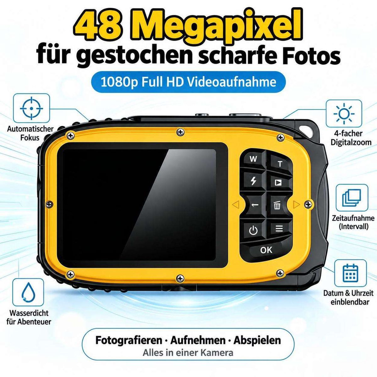 Gelbe Unterwasserkamera mit 48 Megapixeln, Bildschirm und Tasten, umgeben von erklärenden Symbolen und deutschem Text.