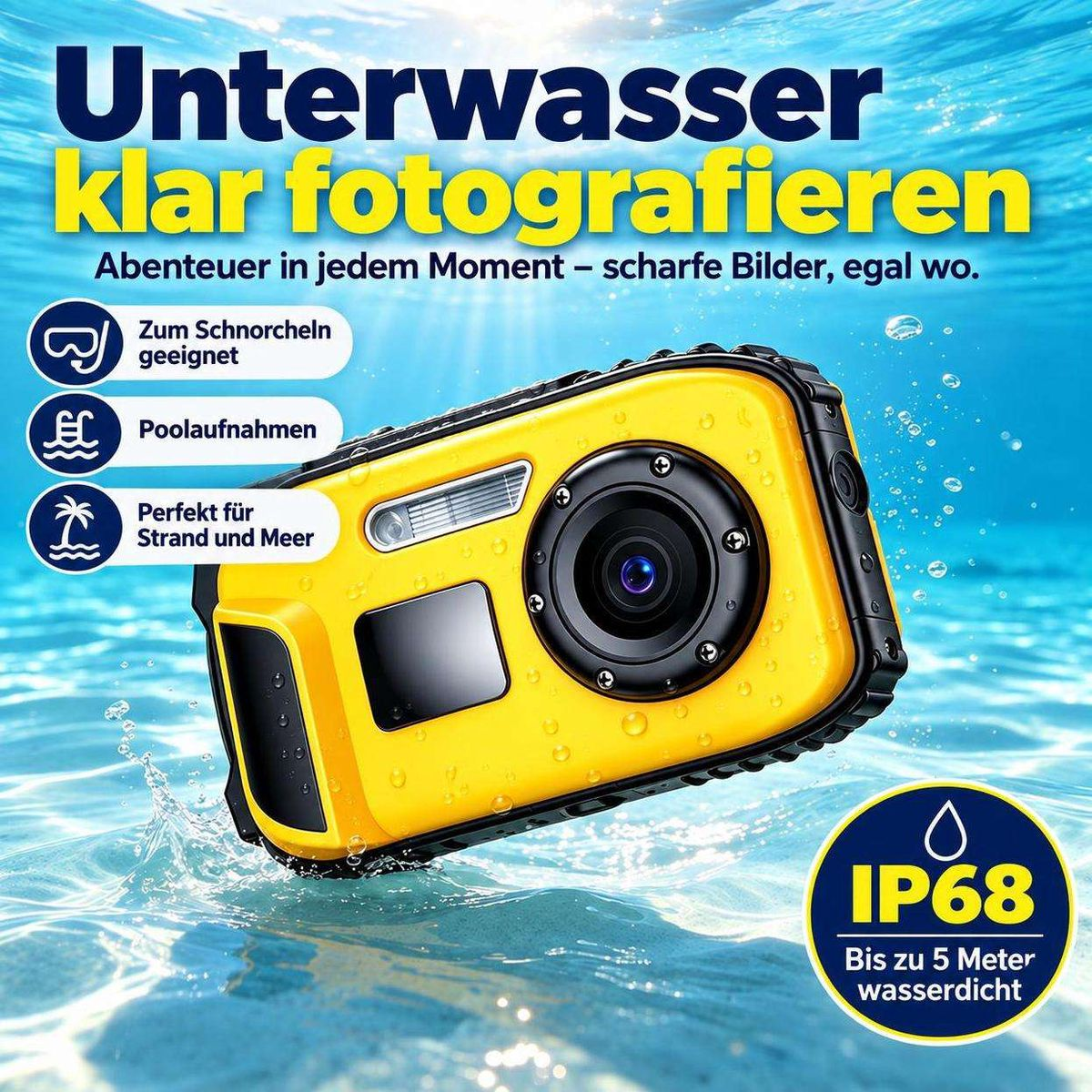 Eine gelbe, wasserdichte Action-Kamera schwimmt in klarem blauen Wasser mit deutschem Werbetext.