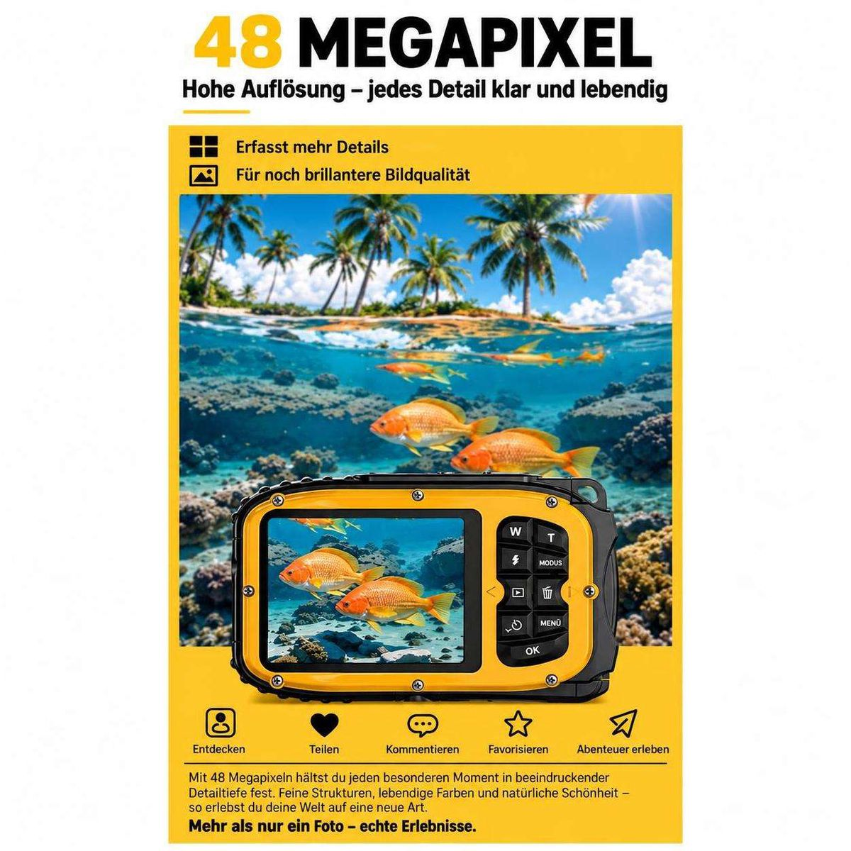 Gelbe Unterwasserkamera mit 48 Megapixel zeigt zwei orange Fische im klaren blauen Ozean.