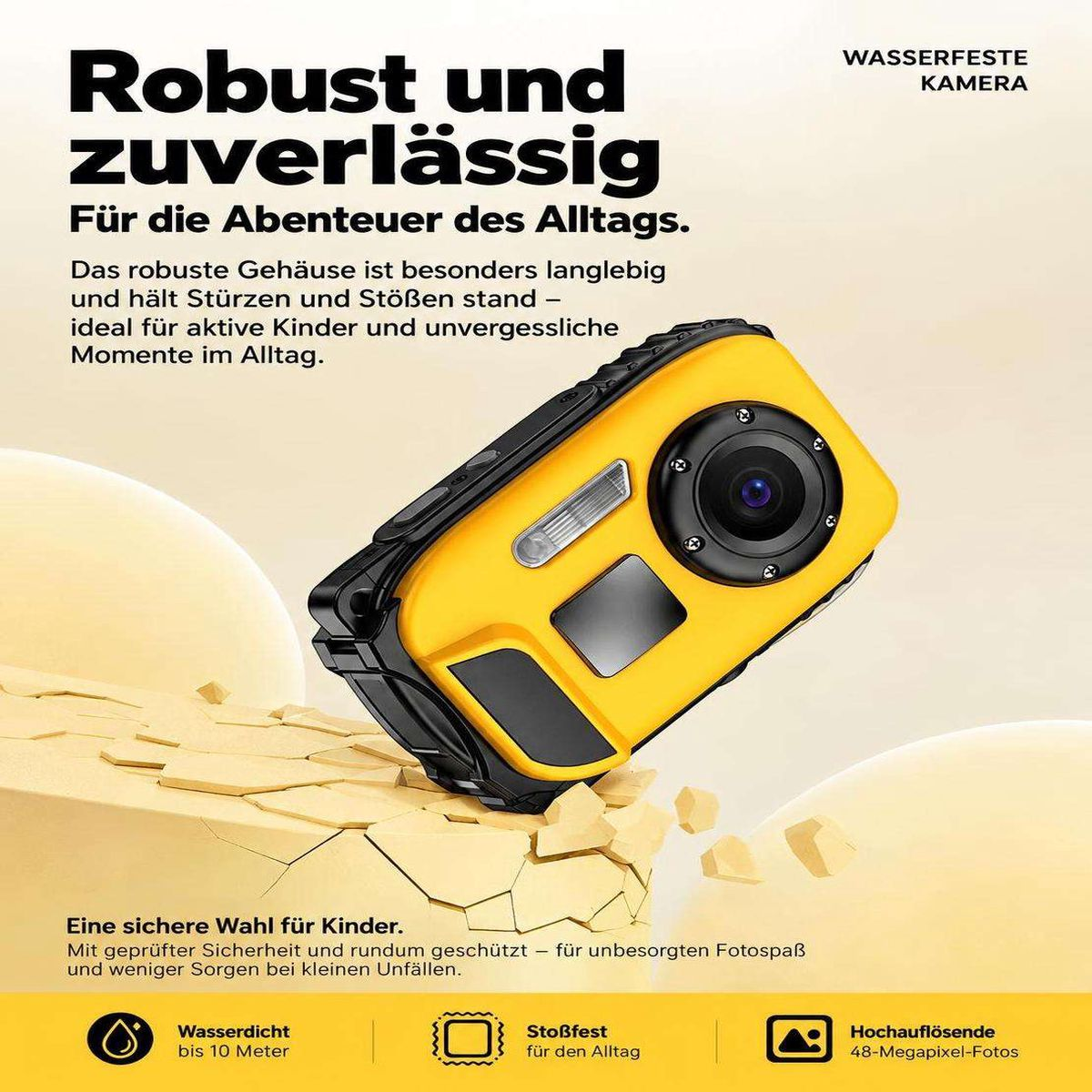 Eine gelb-schwarze, wasserfeste Kinderkamera auf sandigem Grund mit deutschem Text und Symbolen.