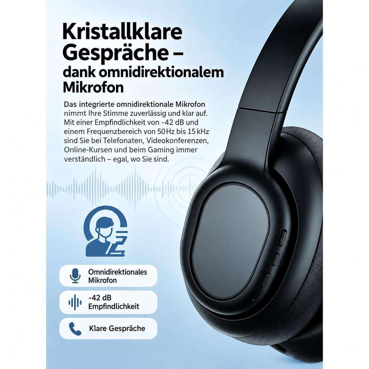 Schwarze Kopfhörer mit omnidirektionalem Mikrofon und deutscher Beschreibung.