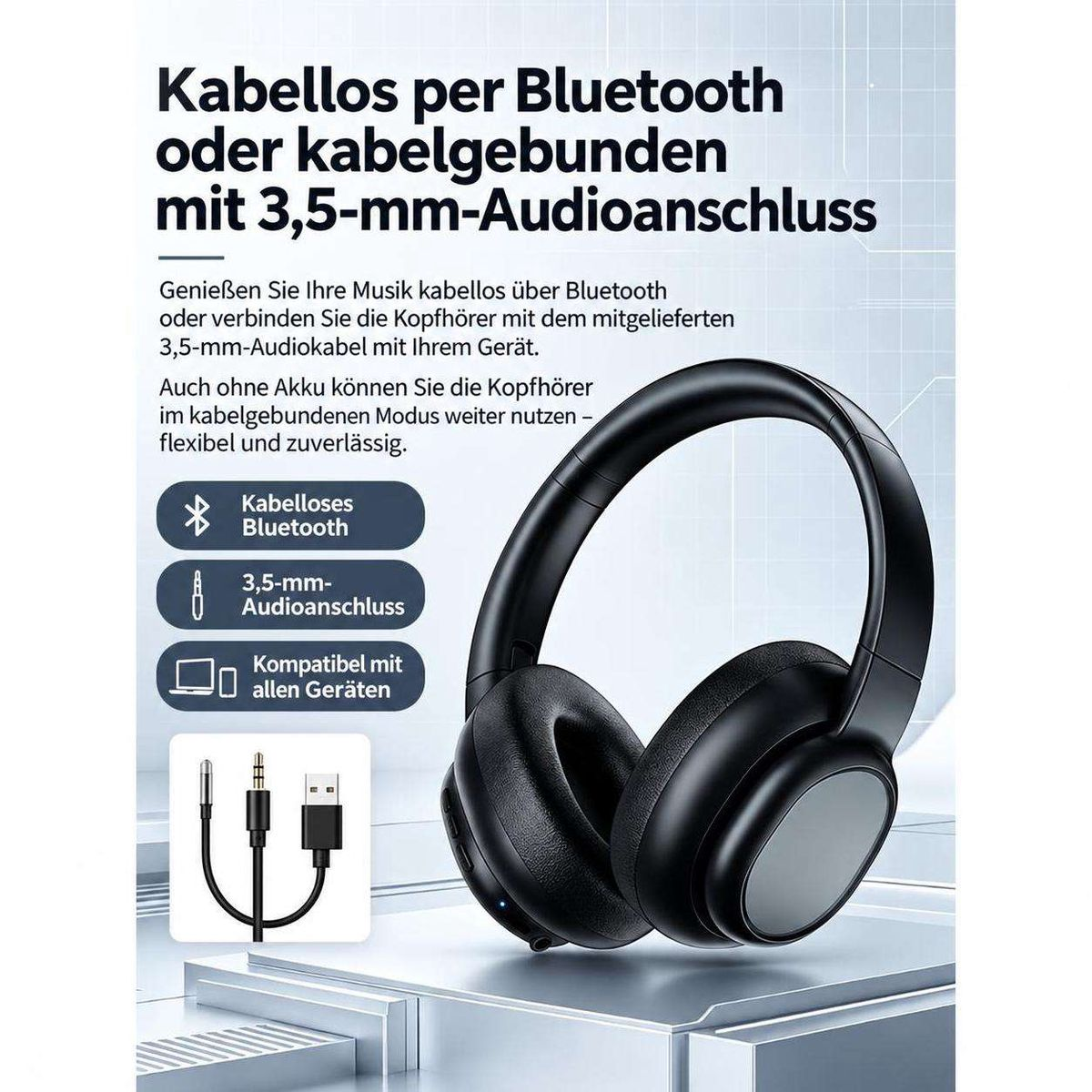 Schwarze Over-Ear-Kopfhörer mit Bluetooth und 3,5-mm-Kabeloption auf blauem Werbebanner mit Text.