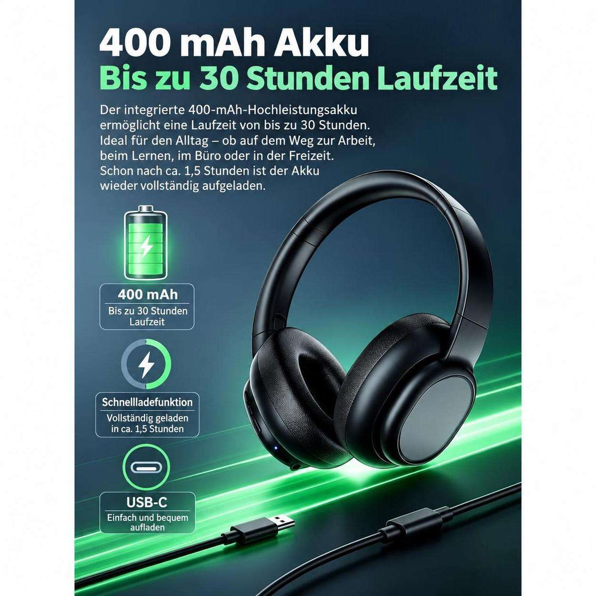 Schwarze Kopfhörer mit grünem Hintergrund, Text über 400 mAh Akku, 30 Stunden Laufzeit und USB-C-Laden.