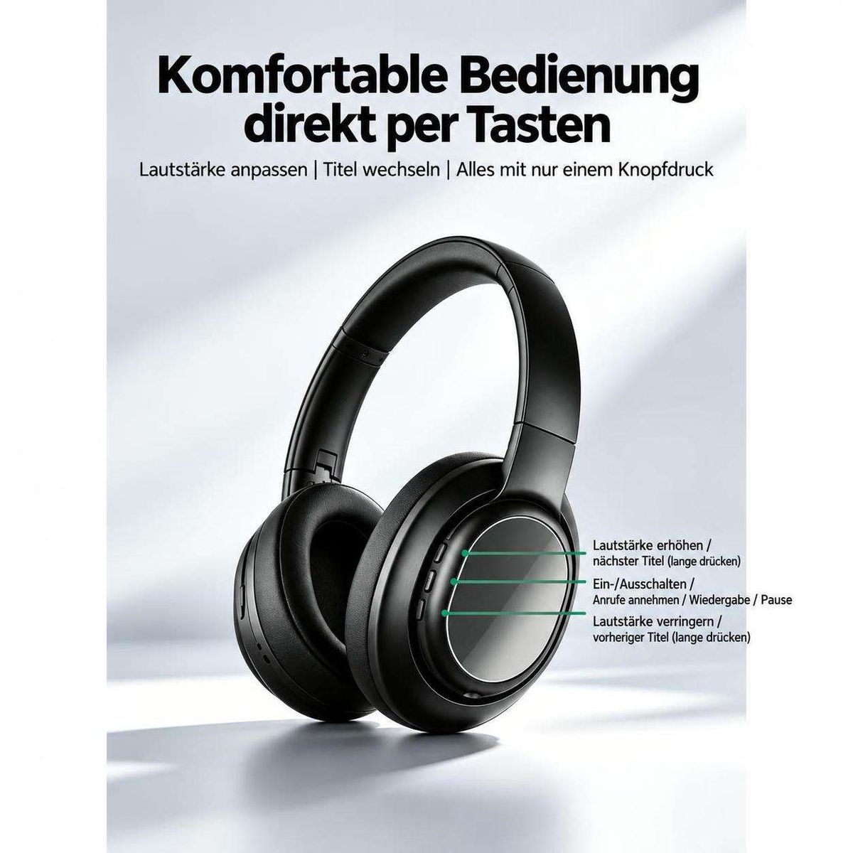 Schwarze Over-Ear-Kopfhörer mit Tastenbedienung an der rechten Ohrmuschel und deutscher Funktionsbeschreibung.