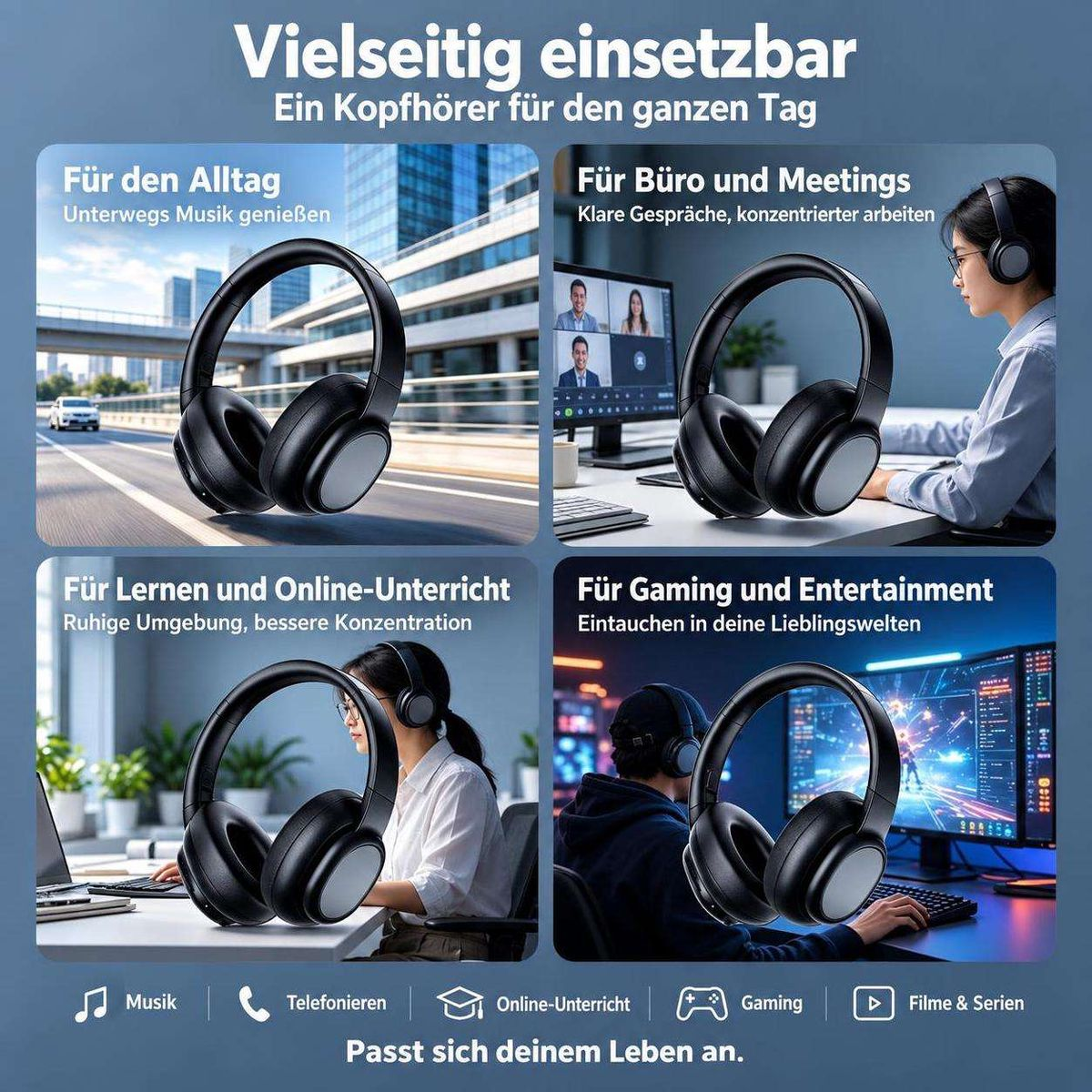 Vier Bilder zeigen schwarze Kopfhörer in Alltag, Büro, Unterricht und Gaming mit deutschem Text.