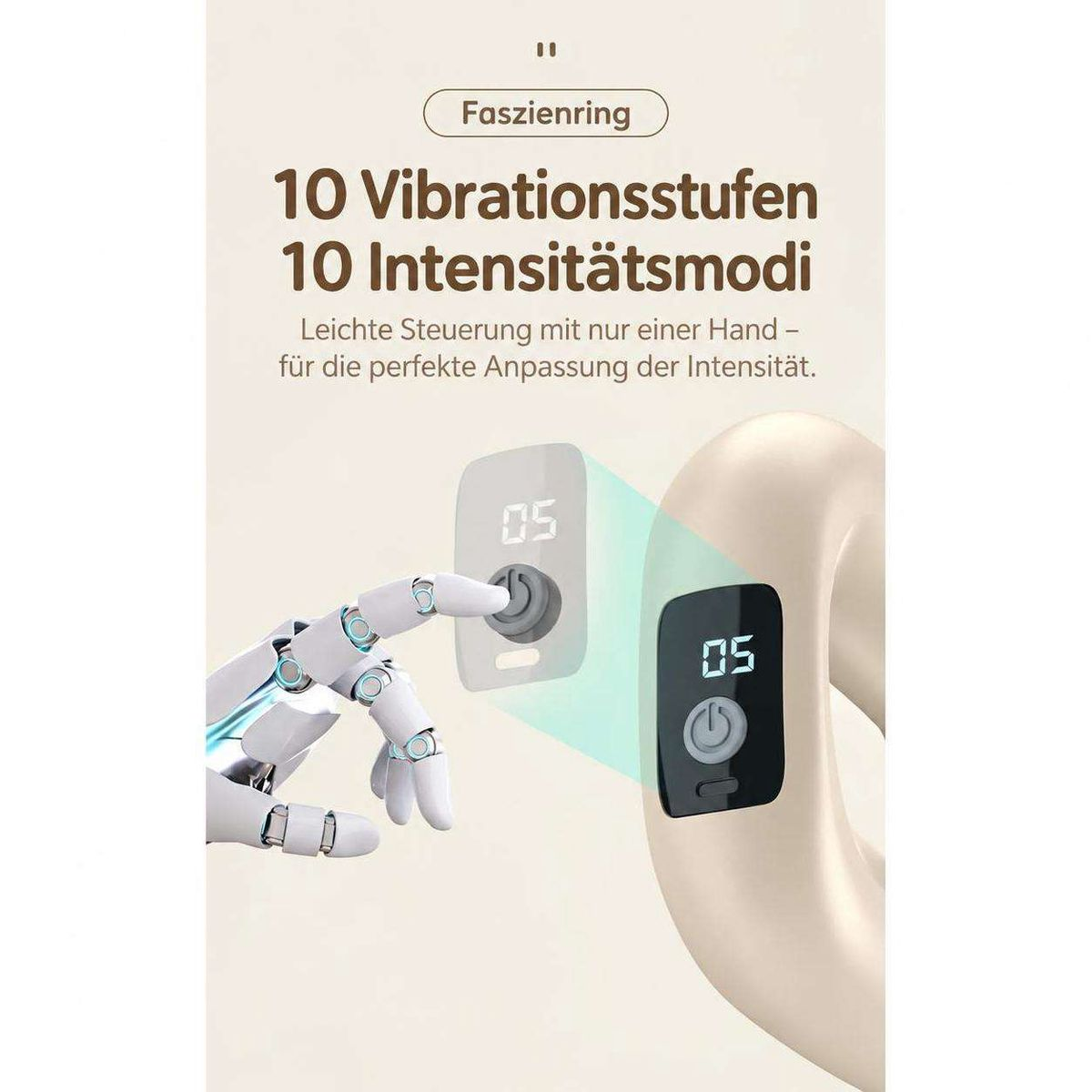 Produktwerbung für einen Faszienring mit zehn Vibrationsstufen und Einhandbedienung.