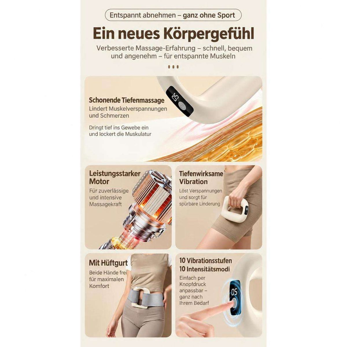 Produktwerbung für ein Massagegerät mit Tiefenmassage, starkem Motor, Vibrationsstufen und Hüftgurt.