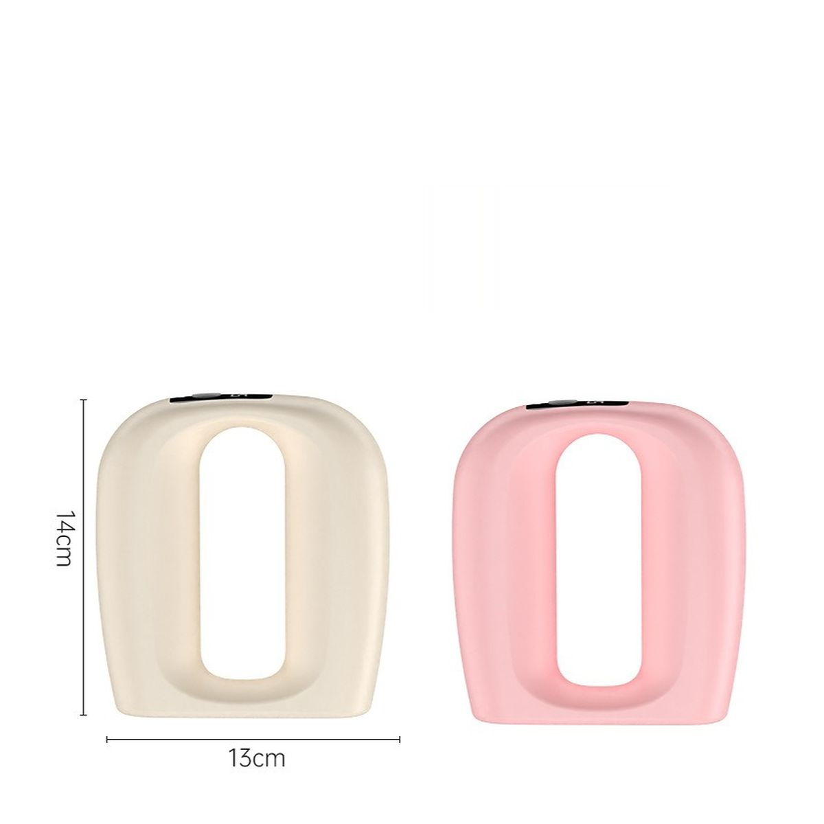 Zwei gebogene U-förmige Ständer in Beige und Rosa mit Bemaßungen von 14 cm Höhe und 13 cm Breite auf weißem Hintergrund.