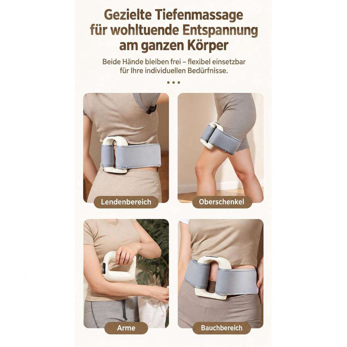 Produktwerbung zeigt einen grauen Massagegürtel, angewendet am Rücken, Oberschenkel, Arm und Bauch mit Text.