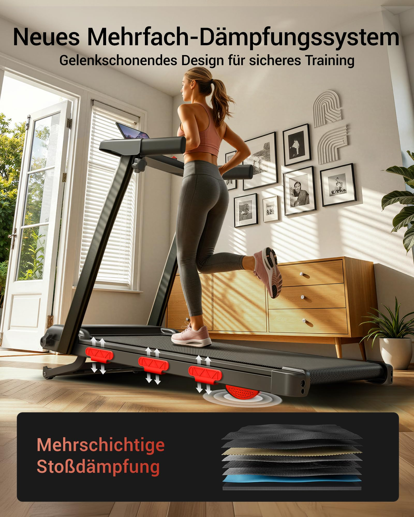 Eine Frau läuft auf einem Laufband in einem hellen Raum mit Holzmöbeln und Bildern an der Wand.