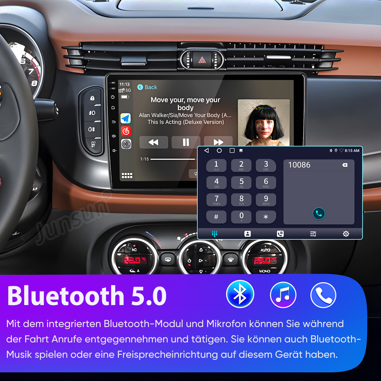 Auto-Armaturenbrett mit einem digitalen Medienplayer-Bildschirm, der Musiktitel und Tastenfeld anzeigt.