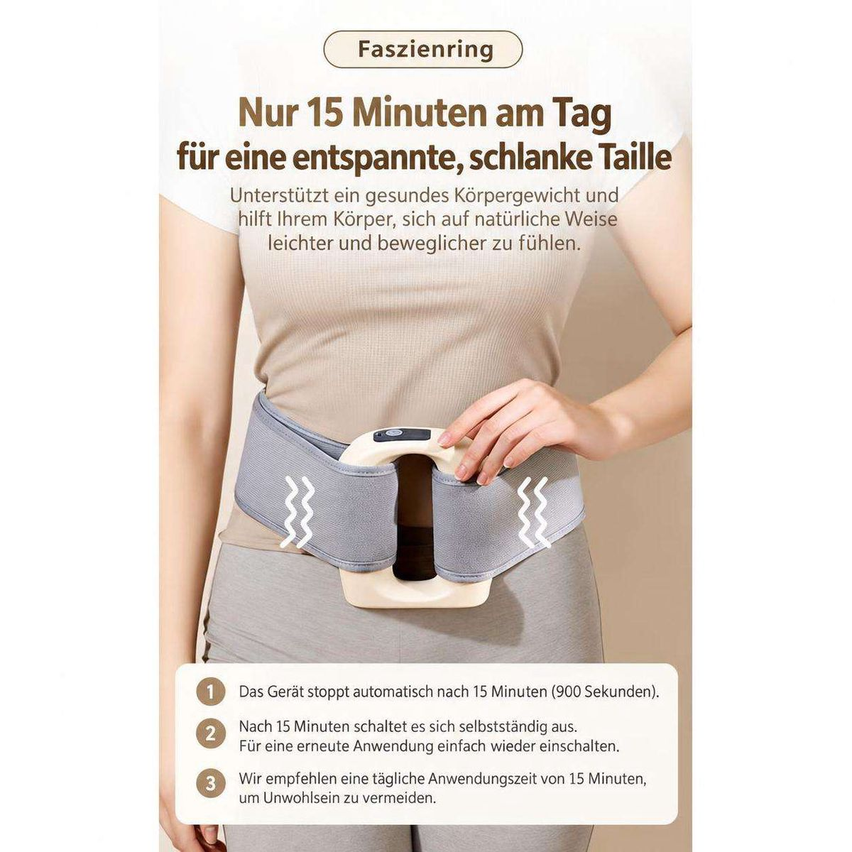 Eine Frau trägt einen grauen Massagegürtel um ihre Taille vor deutschem Werbetext.