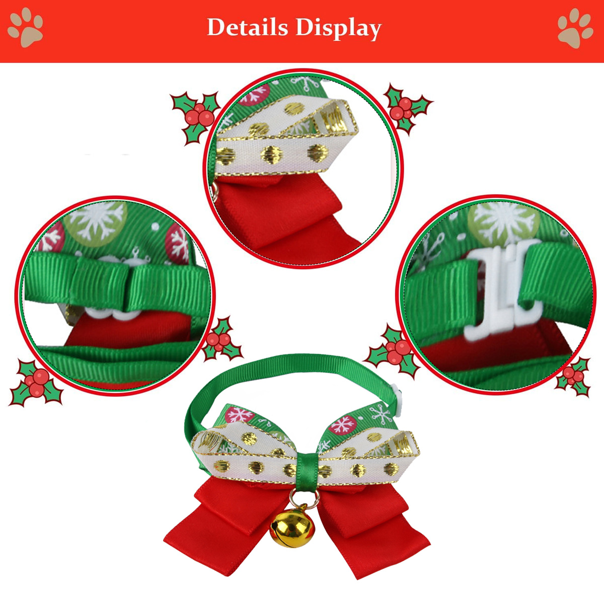 Weihnachtshalsband mit grünem Band, rot-weißer Schleife, goldener Glocke und Details zu Verschluss und Nähten.