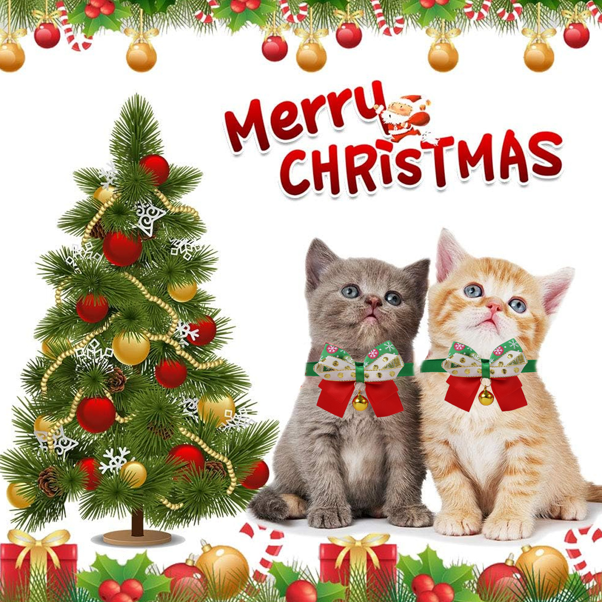 Zwei kleine Katzen mit Weihnachtsschleifen sitzen neben einem geschmückten Weihnachtsbaum mit rotem Text.