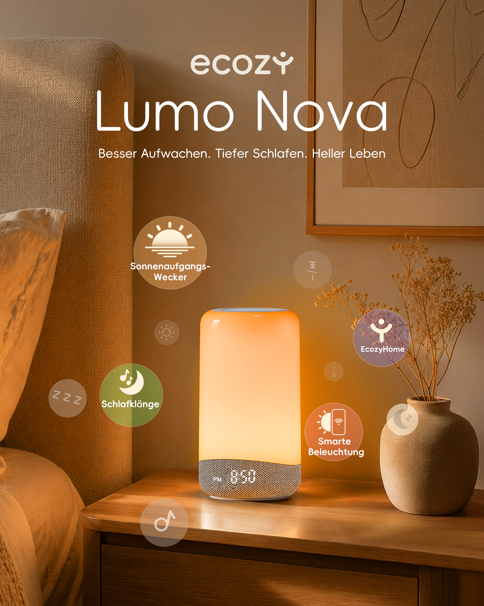 Ein beleuchteter Ecozy Lumo Nova Wecker auf einem Nachttisch mit Produktfeatures-Symbolen.