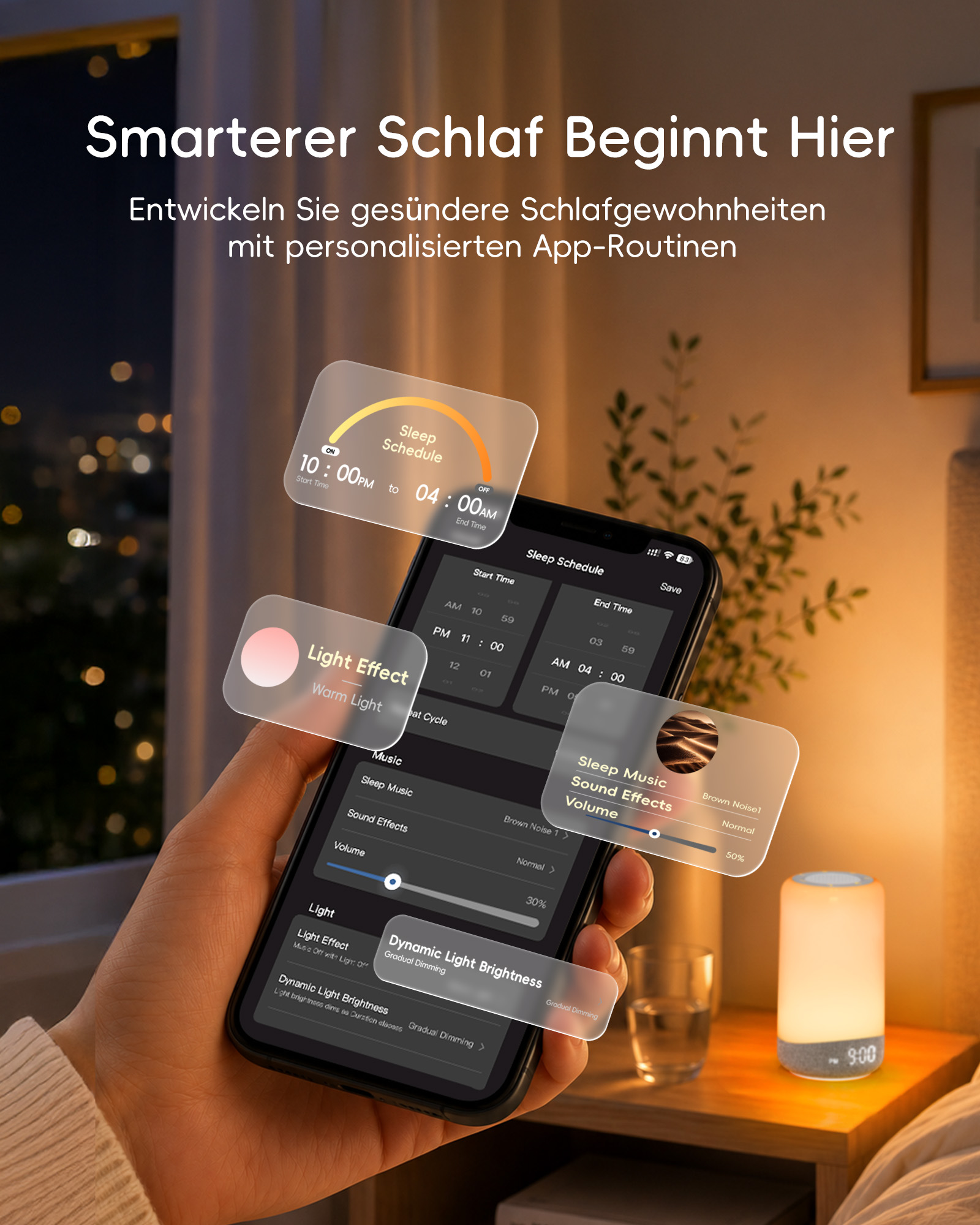 Hand hält Smartphone mit App-Menüs für Schlaf, Lichteffekte und Musik in einem Schlafzimmer bei Nacht.