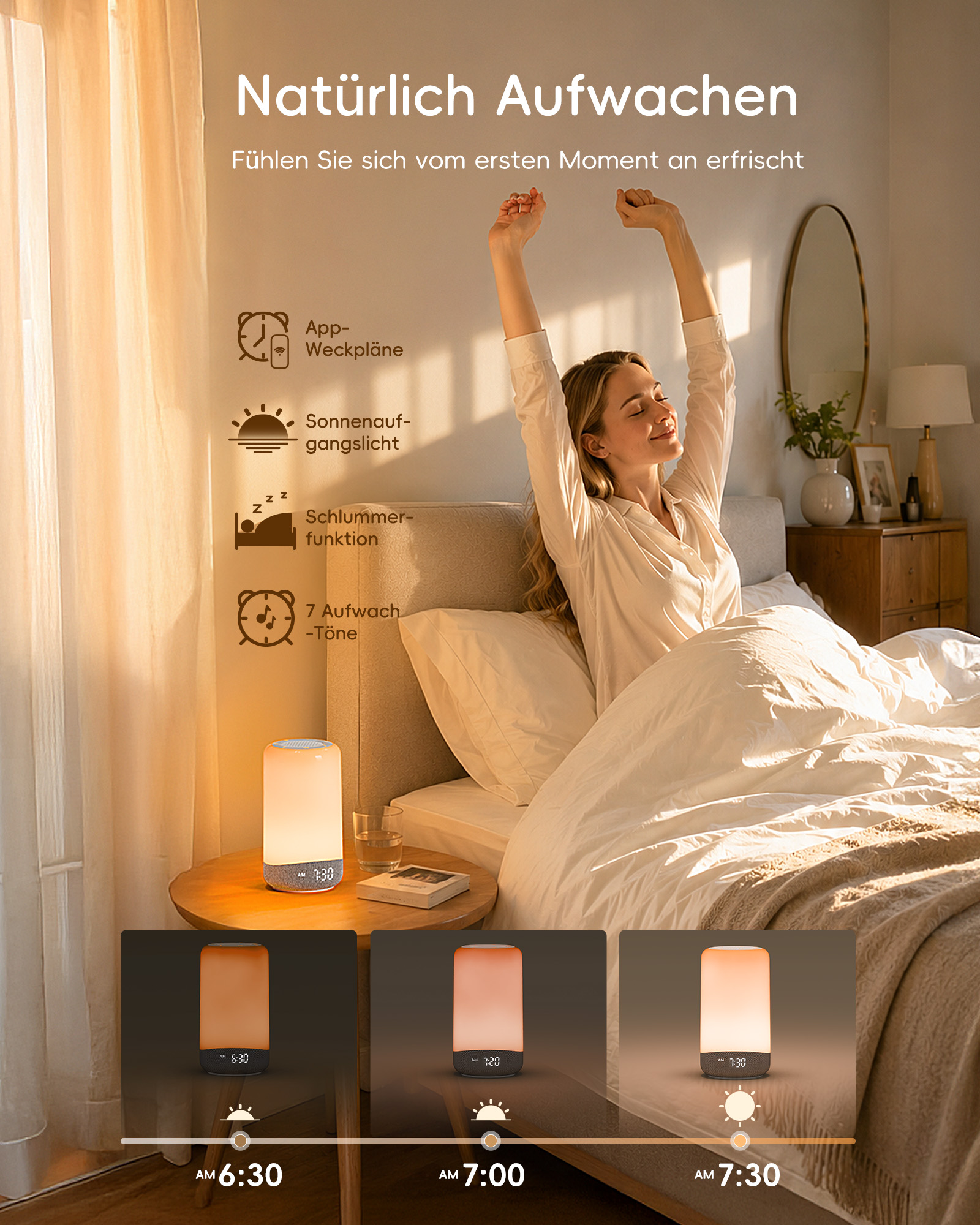 Eine Frau reckt sich morgens im Bett, während ein Wecker auf dem Nachttisch leuchtet.