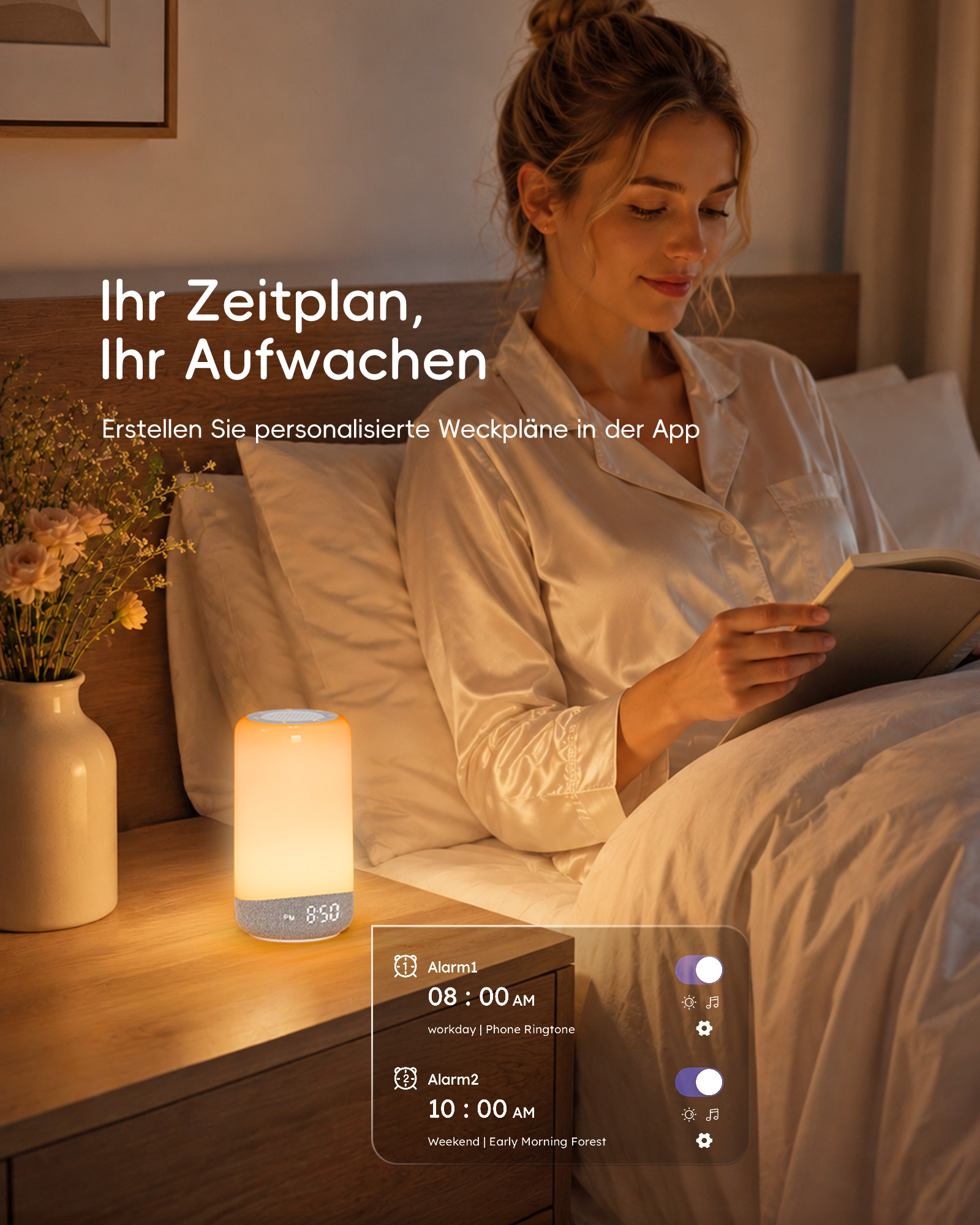 Eine Frau in Schlafkleidung liest im Bett neben einer leuchtenden Nachttischlampe und App-Grafiken.