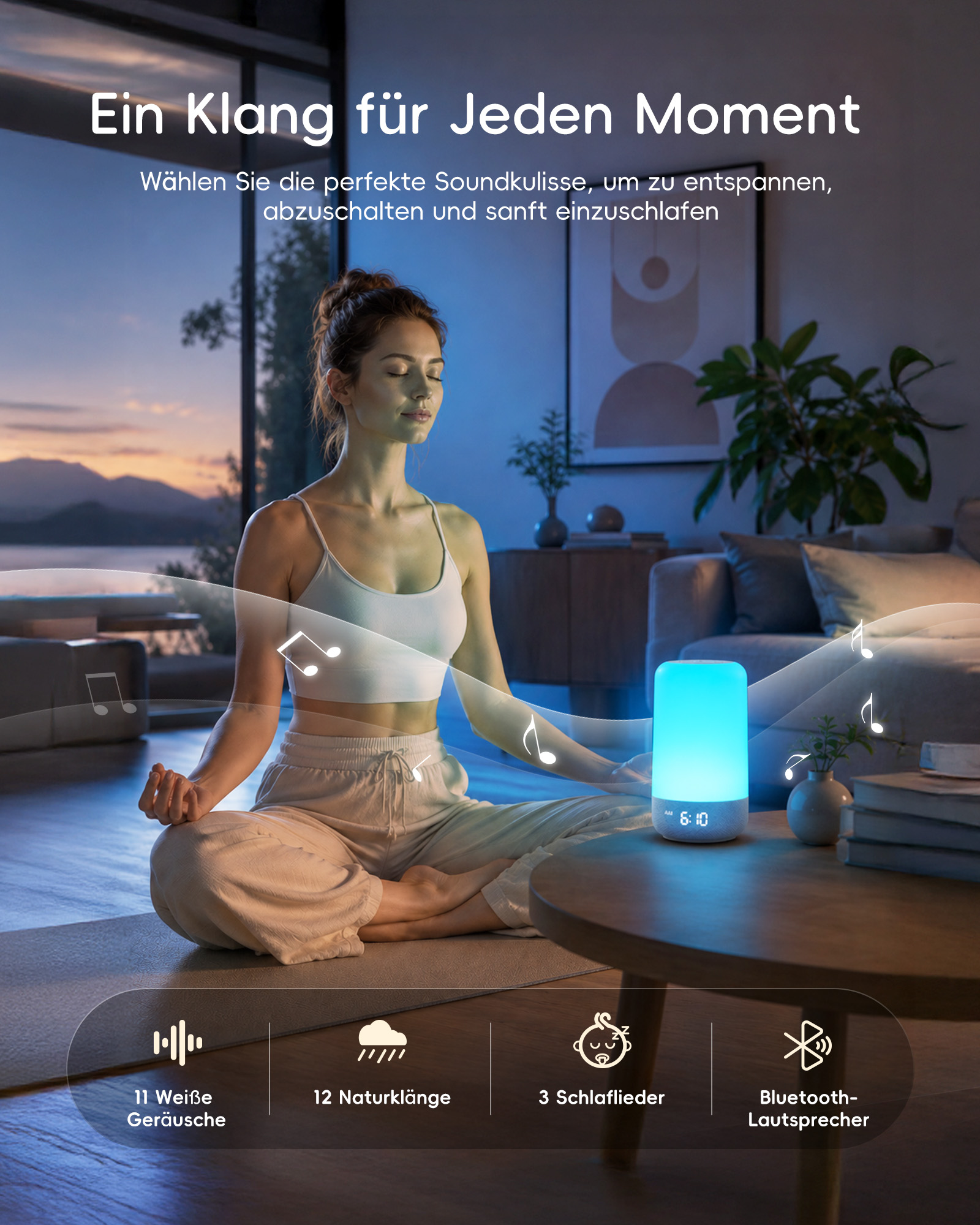 Eine Frau meditiert bei Sonnenuntergang in einem Wohnzimmer neben einer blau leuchtenden Soundmaschine.