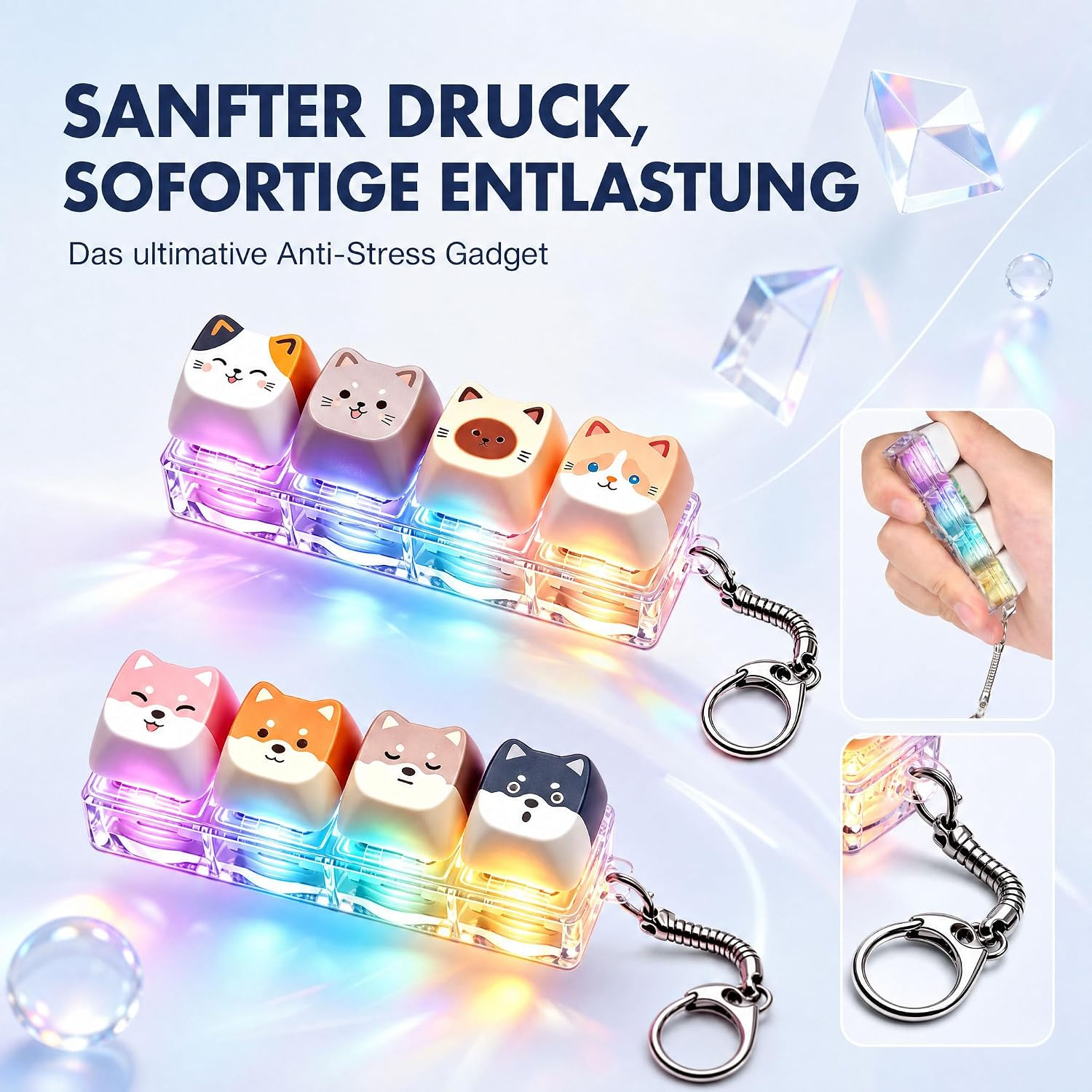Zwei beleuchtete Anti-Stress-Schlüsselanhänger mit niedlichen Katzen- und Hundemotiven und deutschen Texten.