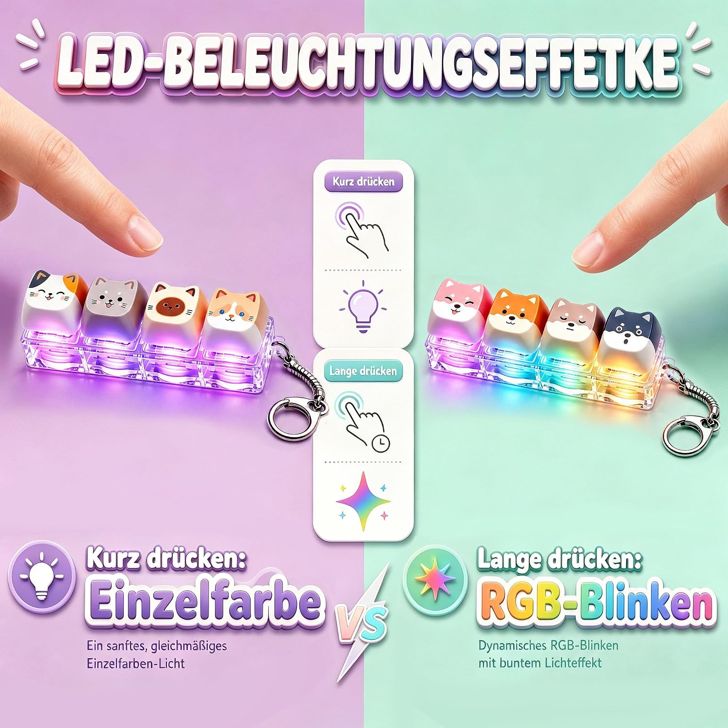 Zwei beleuchtete Schlüsselanhänger mit Tier-Keycaps veranschaulichen Einzelfarbe und RGB-Blinken.