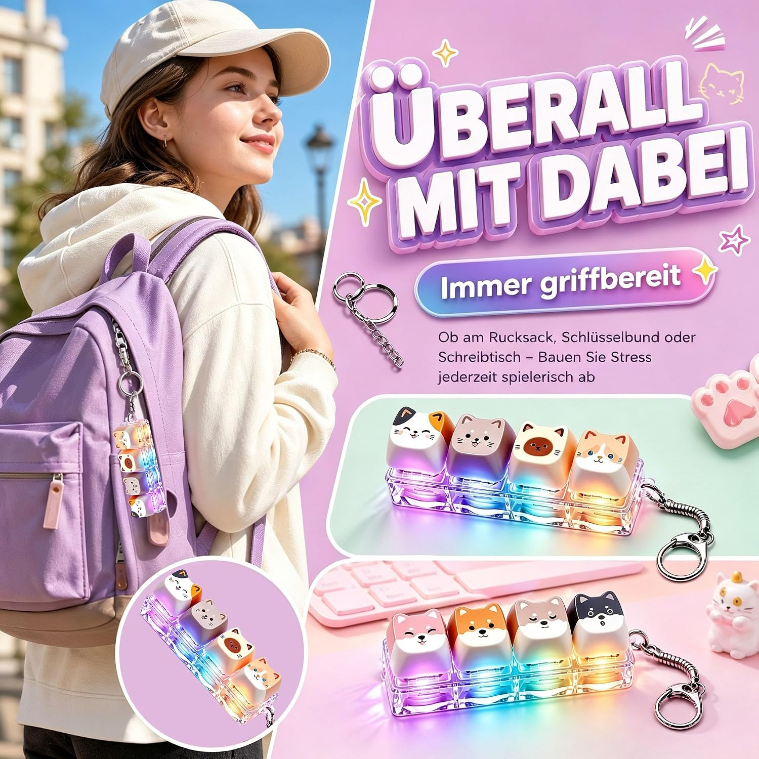 Eine lächelnde Frau trägt einen lila Rucksack mit Katzen-Tastenkappen-Fidget-Toy. Rosa Hintergrund mit Text.