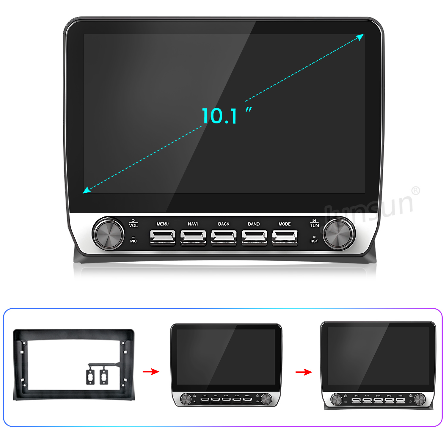 Ein 10,1-Zoll-Autoradio mit Reglern und USB-Steckplätzen, neben einem Armaturenrahmen und Installationsschritten.
