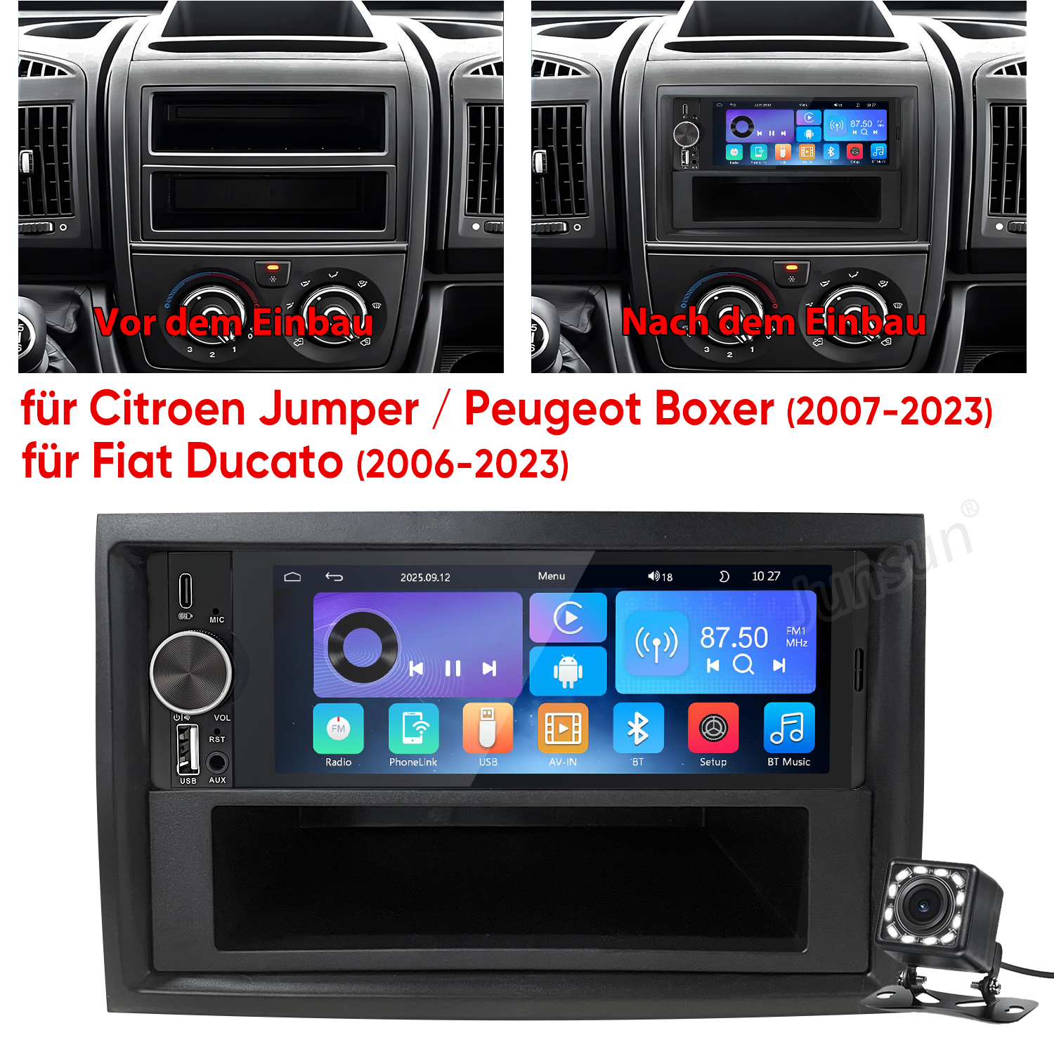 Autoradio mit Bildschirm für Fiat Ducato, Citroen Jumper und Peugeot Boxer, inklusive Rückfahrkamera.