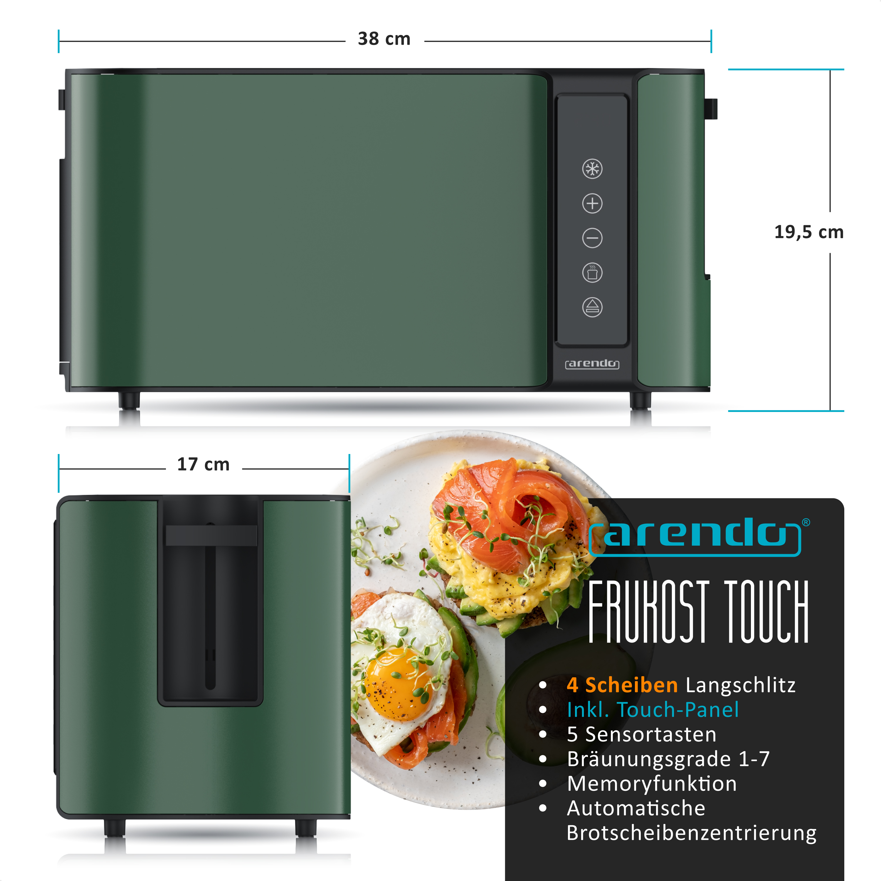Grüner Arendo Frukost Touch Langschlitztoaster mit Maßen und belegtem Brot auf weißem Teller.