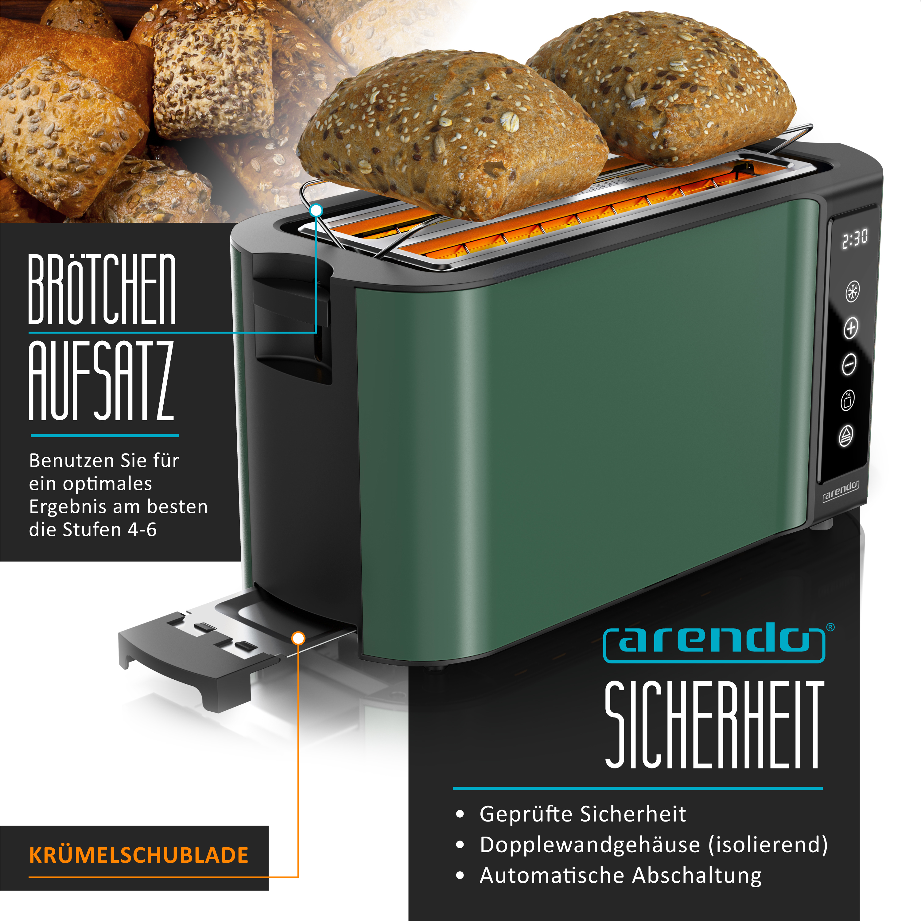 Grüner Arendo Toaster mit Brötchenaufsatz, Krümelschublade und verschiedenen Einstellungen vor schwarzem Hintergrund.