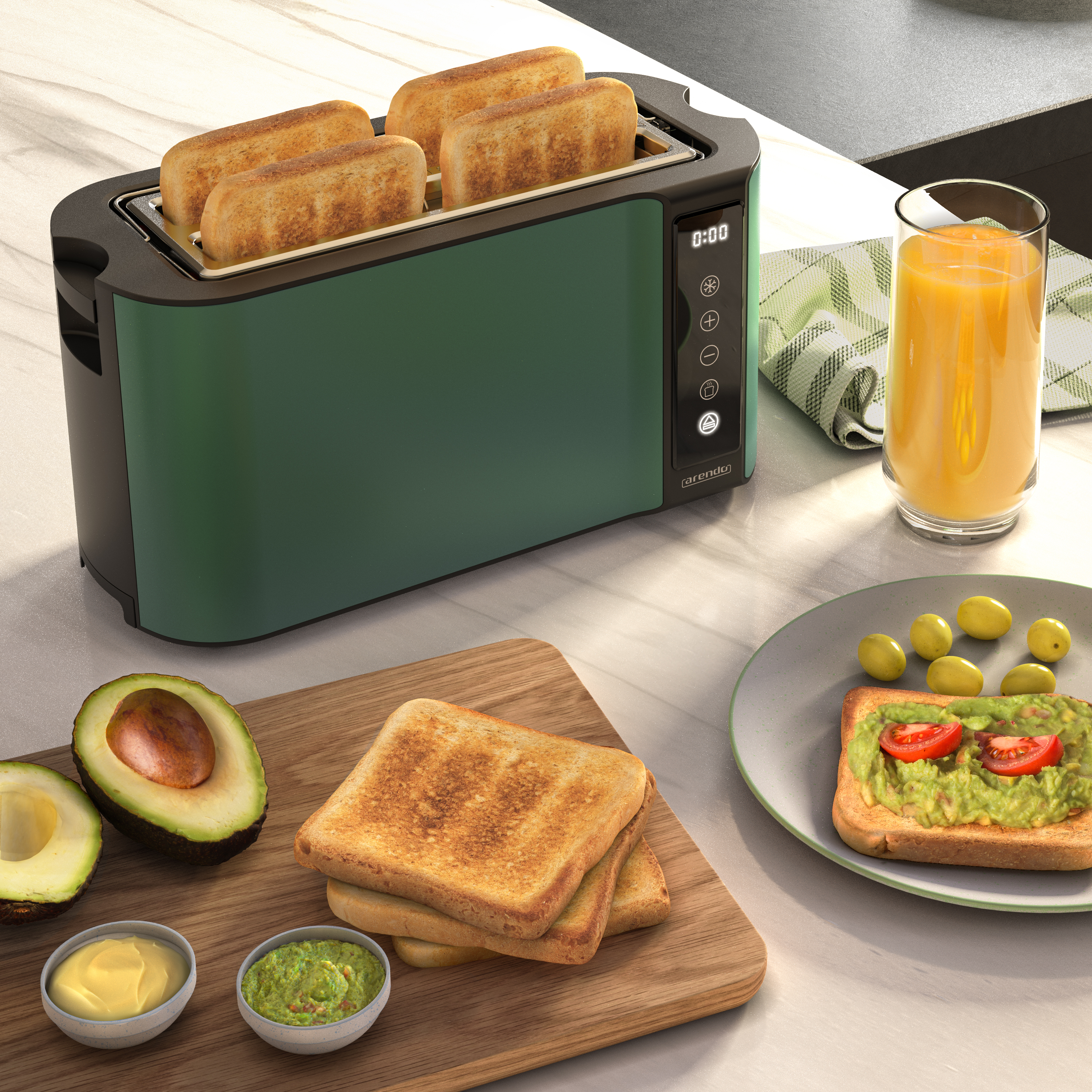 Ein grüner Toaster auf einer Theke mit vier Toastscheiben, Avocados, Aufstrichen, Oliven und Orangensaft.