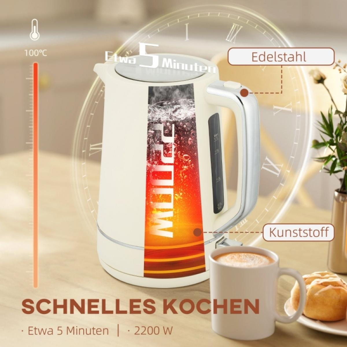 Beige Kaffeemaschine auf einem Holztisch mit einer Kaffeetasse daneben und einem Uhrendetail im Hintergrund.