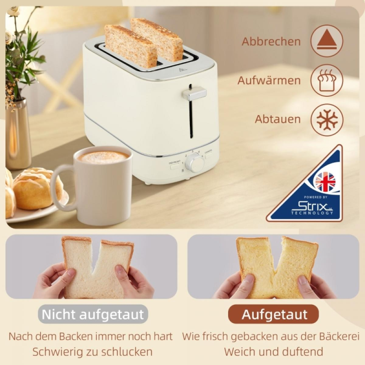Ein weißer Toaster mit zwei Toastscheiben, einer Kaffeetasse und erklärenden Icons daneben auf einem Holztisch.