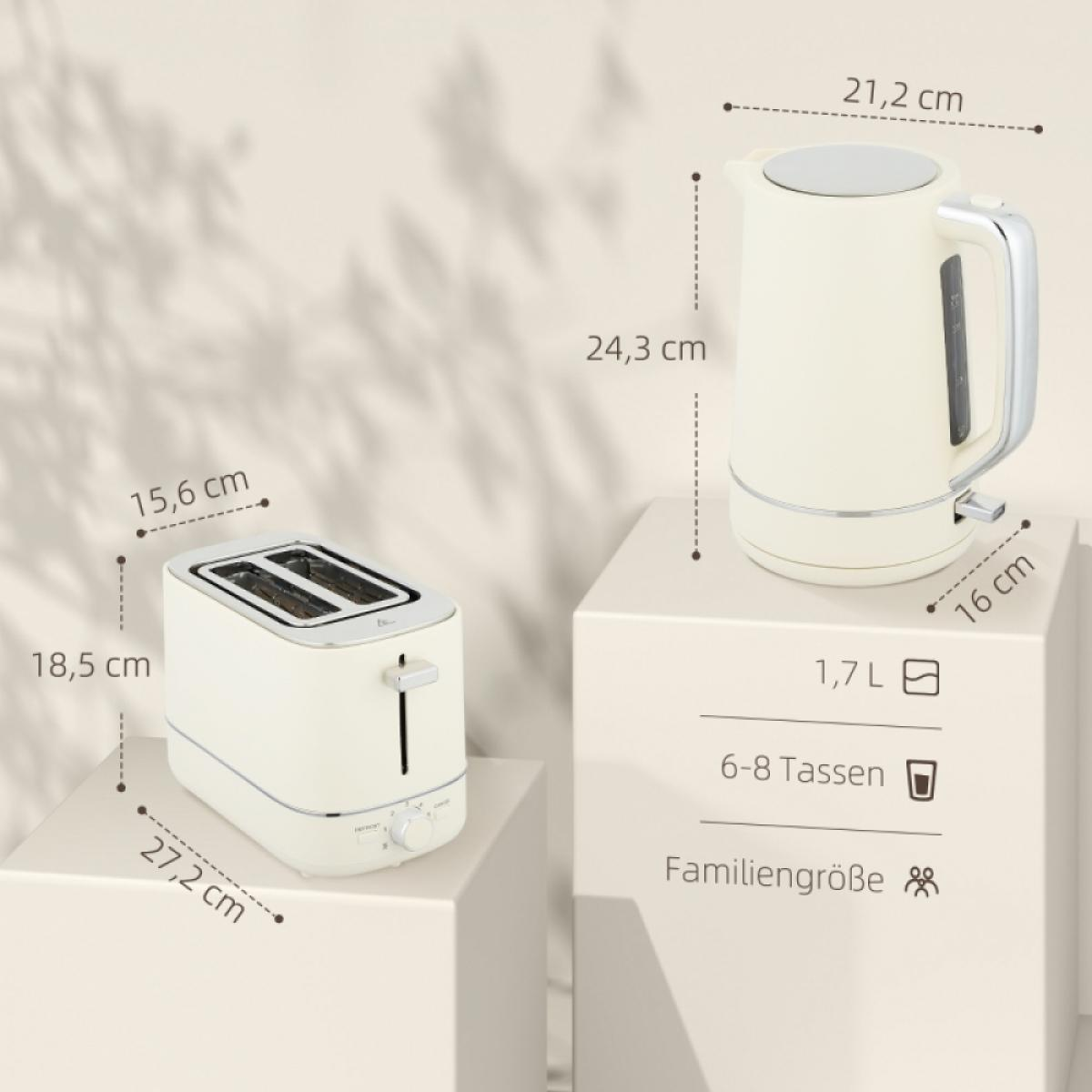 Cremefarbener Toaster und Wasserkocher auf Podesten mit Maßangaben.