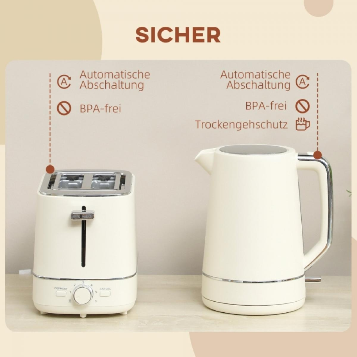 Creme-weißer Toaster und Wasserkocher auf dem Tisch mit Sicherheitsmerkmalen wie automatischer Abschaltung und BPA-frei.
