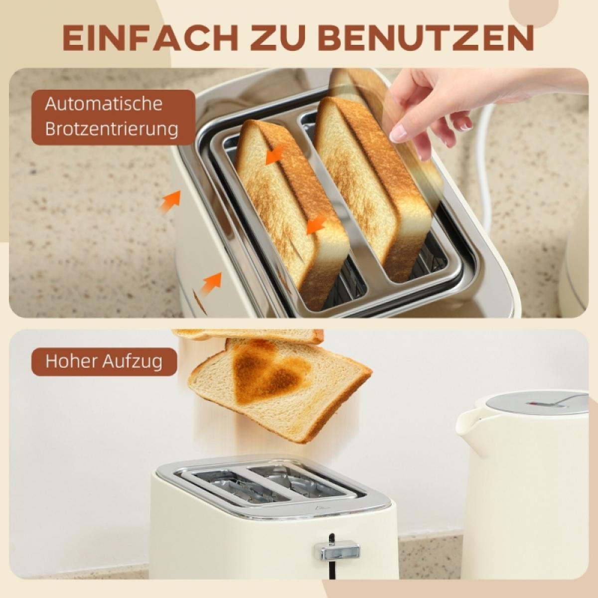 Ein Beigefarbener Toaster toastet zwei Brotscheiben mit automatischer Zentrierung und gutem Auswurf.