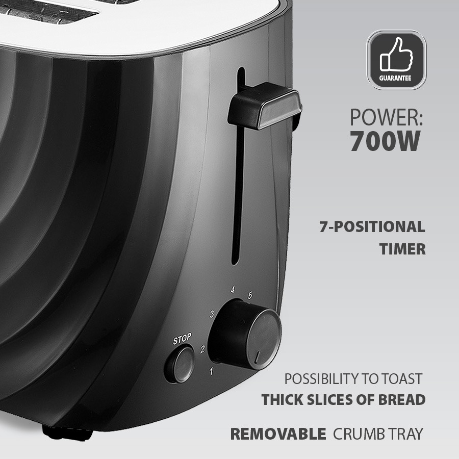 Czarny toster 700W z timerem i tacką na okruchy.