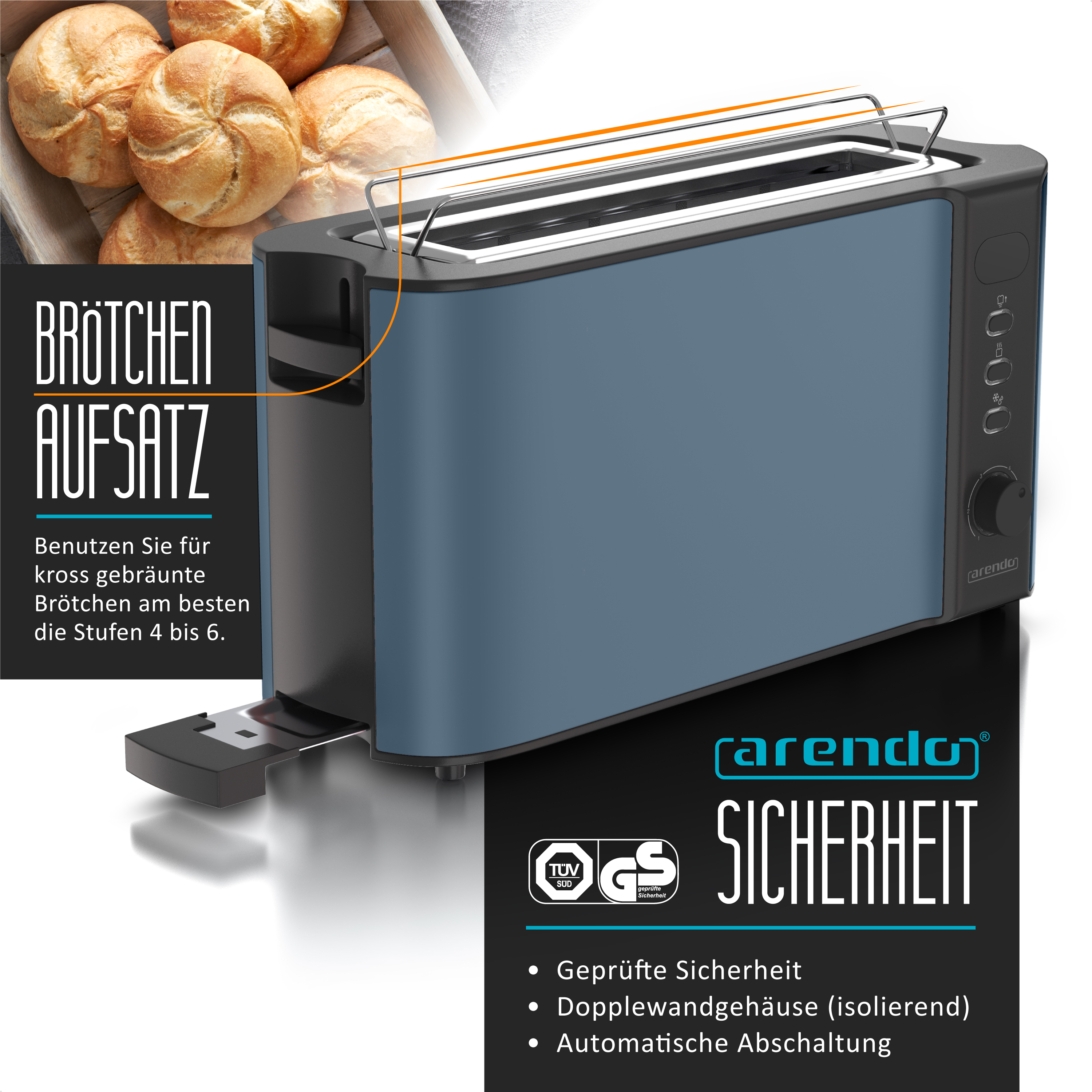 Ein blauer Arendo Langschlitztoaster mit Brötchenaufsatz, Krümelschublade und Sicherheitshinweisen.
