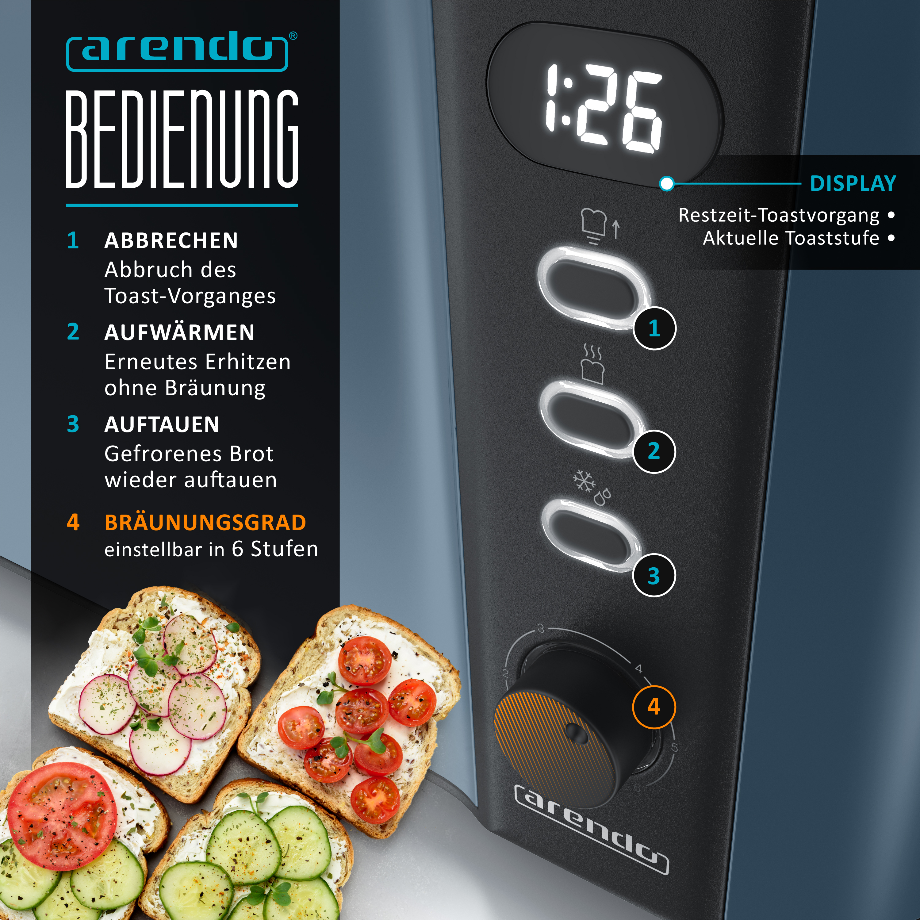 Arendo Toaster Bedienfeld mit Digitaldisplay, Tasten, Drehregler und belegten Toasts unten.