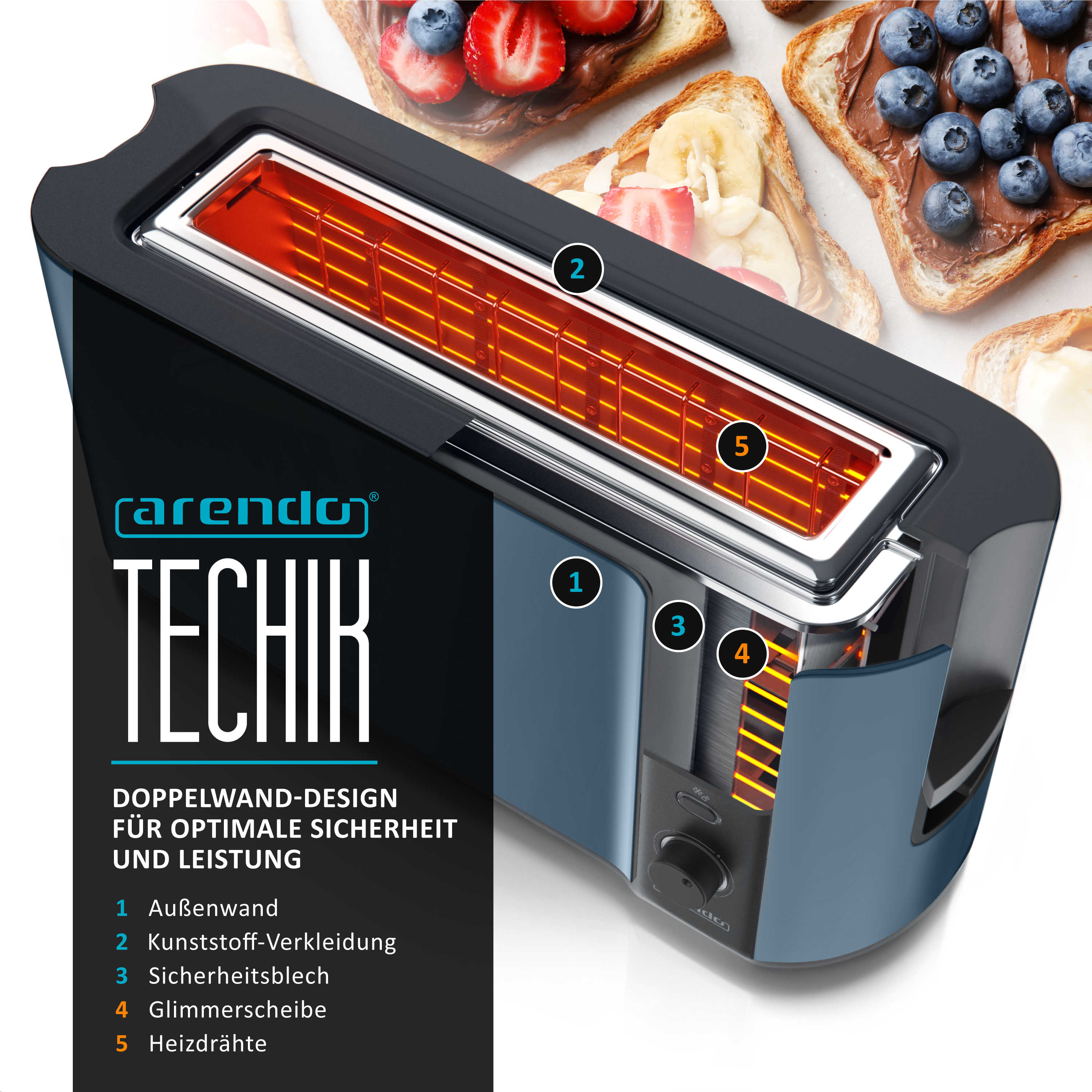 Ein schwarz-blauer Arendo Toaster mit glühenden orangen Heizelementen und Toast mit Belag im Hintergrund.