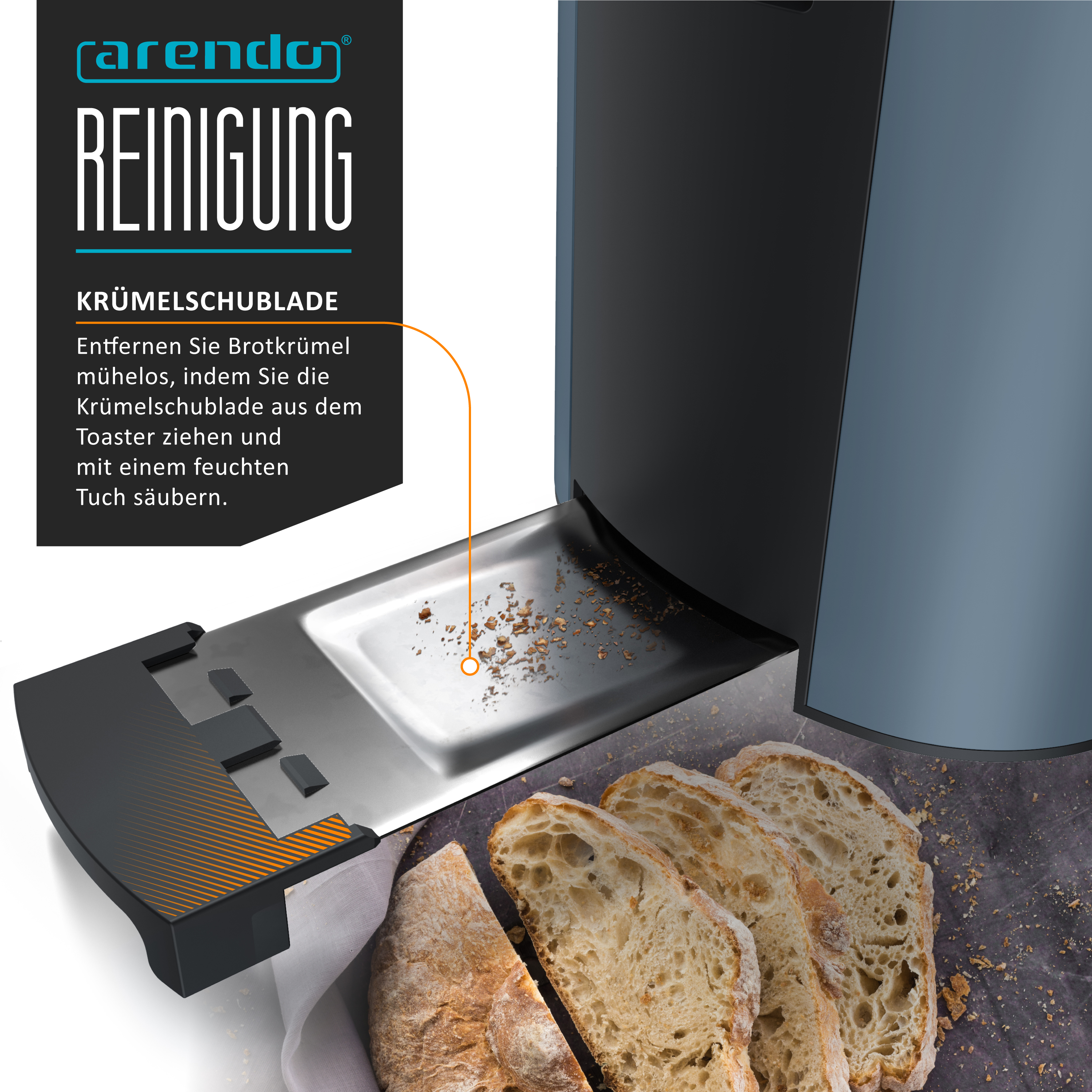Ein Arendo-Toaster mit geöffneter Krümelschublade voller Brotkrümel, daneben geschnittenes Brot.