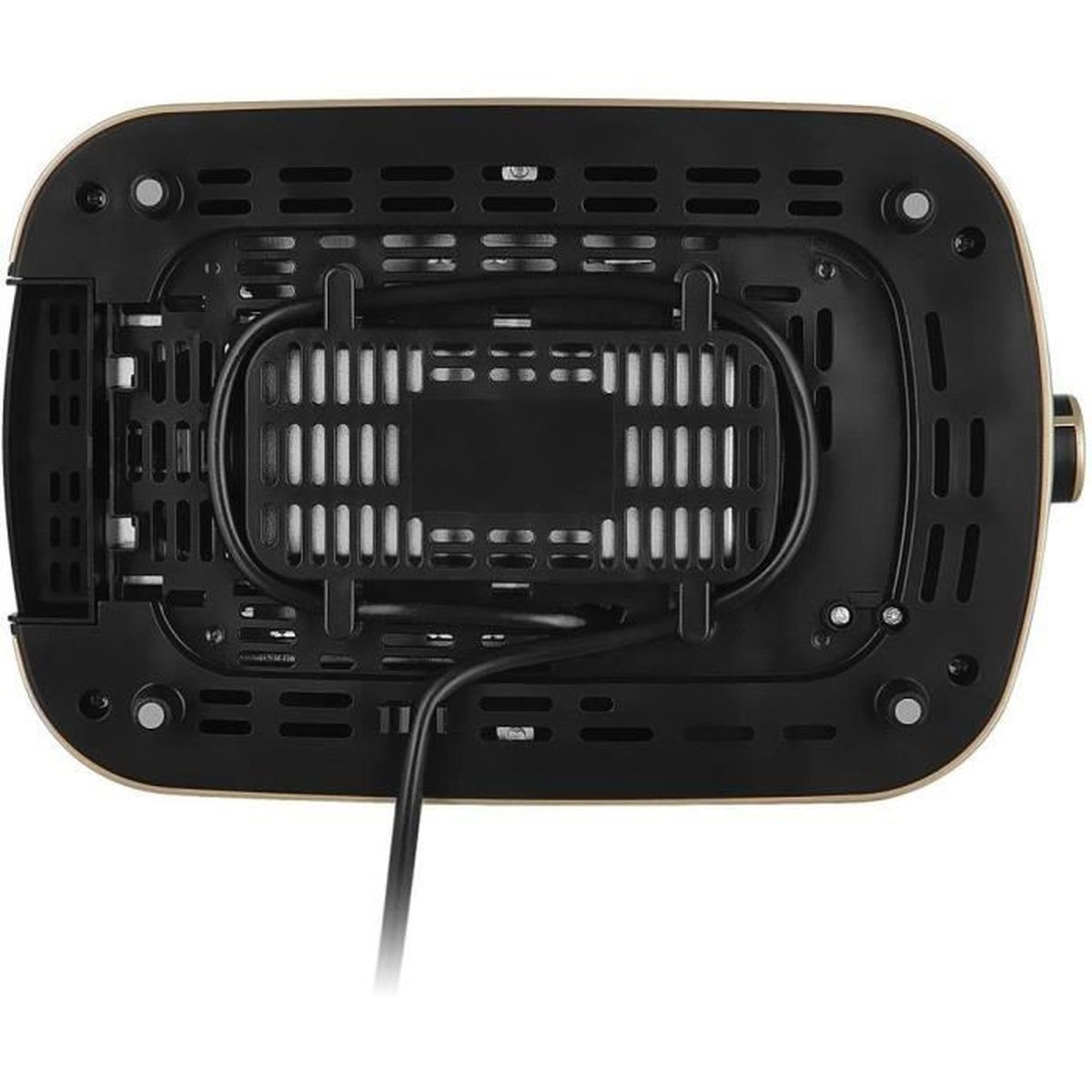 Parte inferiore di un dispositivo con corpo in plastica nera, fessure di ventilazione, piedini e cavo avvolto.