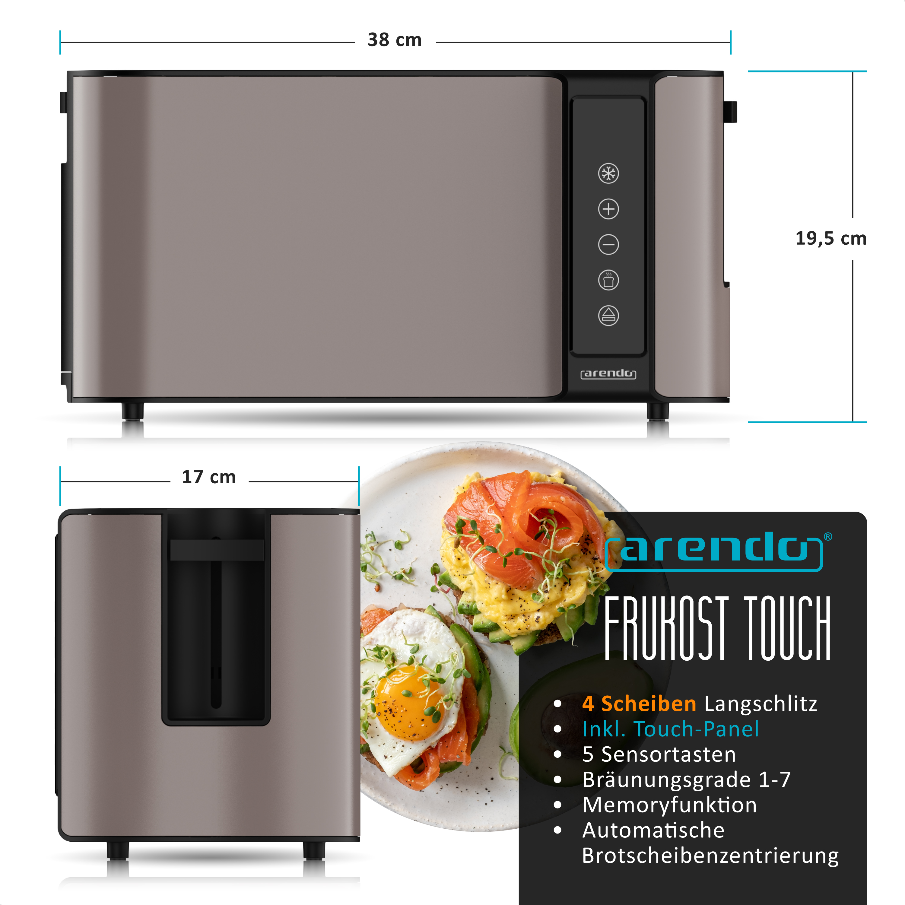 Grauer Arendo Frukost Touch Langschlitztoaster mit Touch-Bedienfeld und Maßen, daneben Toast mit Ei.