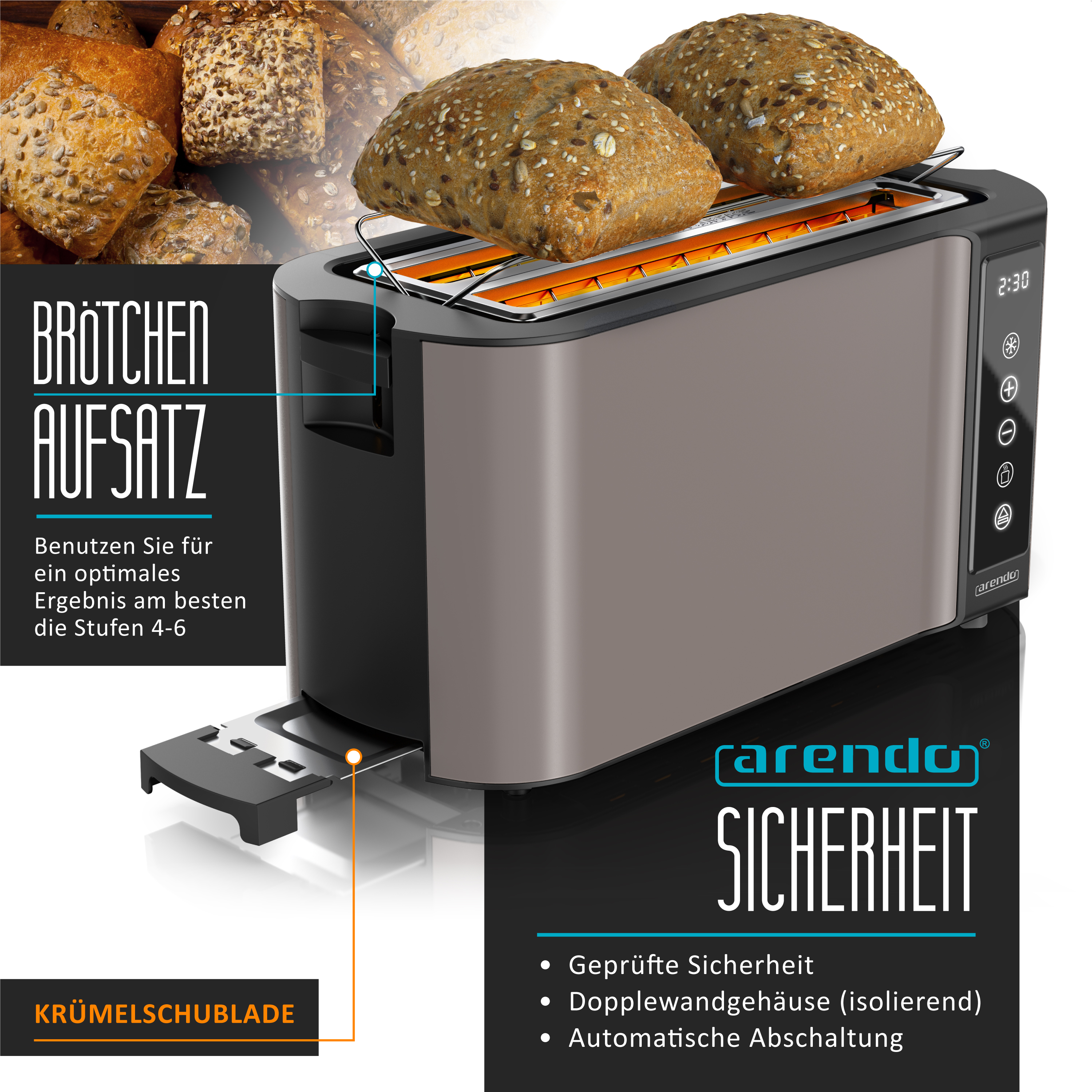 Edelstahl-Toaster mit Brötchenaufsatz, digitalem Display, Krümelschublade und Texten über Sicherheit.
