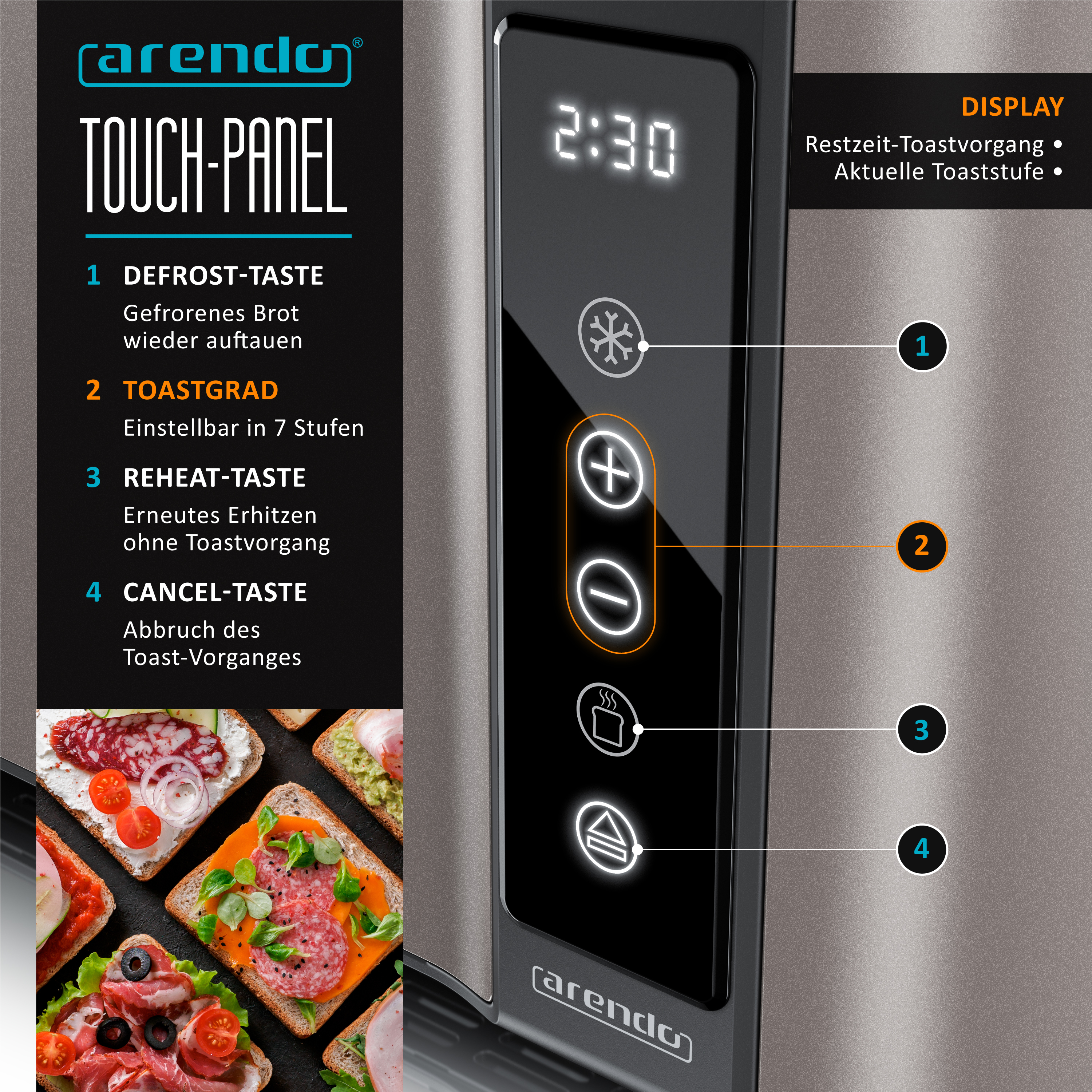 Arendo Toaster Touch-Panel mit Display und erklärten Funktionen für Defrost, Toastgrad, Reheat und Cancel.