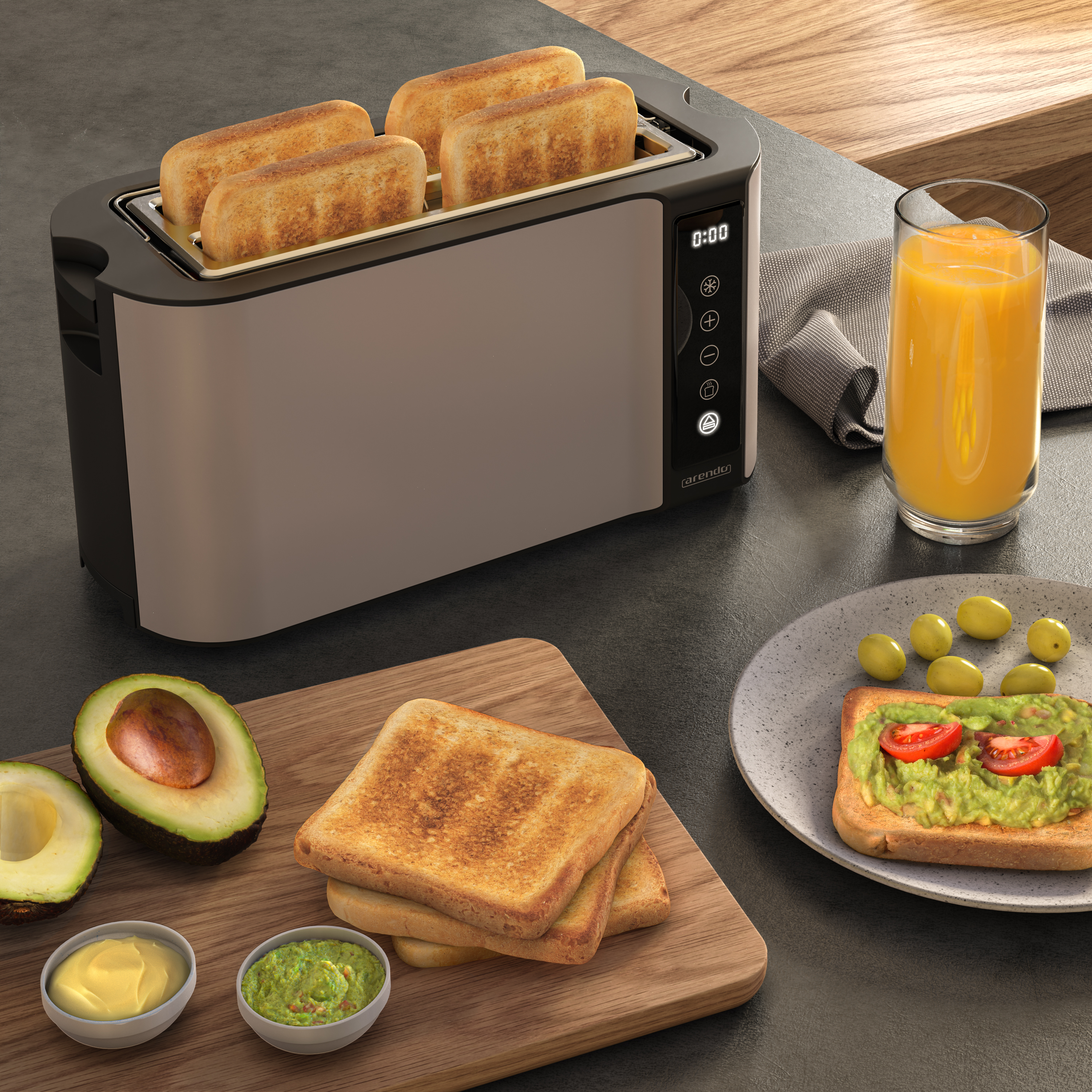 Ein Toaster mit Toastbrot steht neben einem Glas Orangensaft, einer Platte mit Avocado-Toast und halben Avocados.
